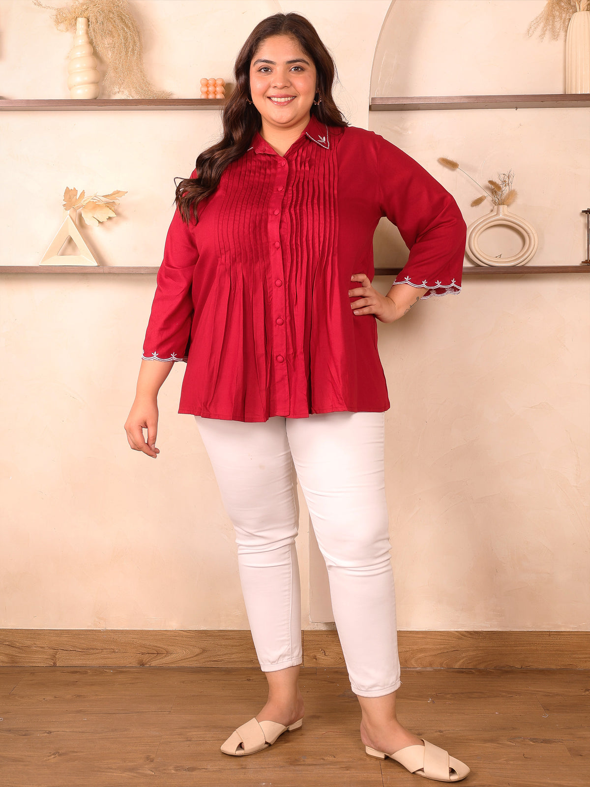 Red Rayon Collar Embroidered Tunic