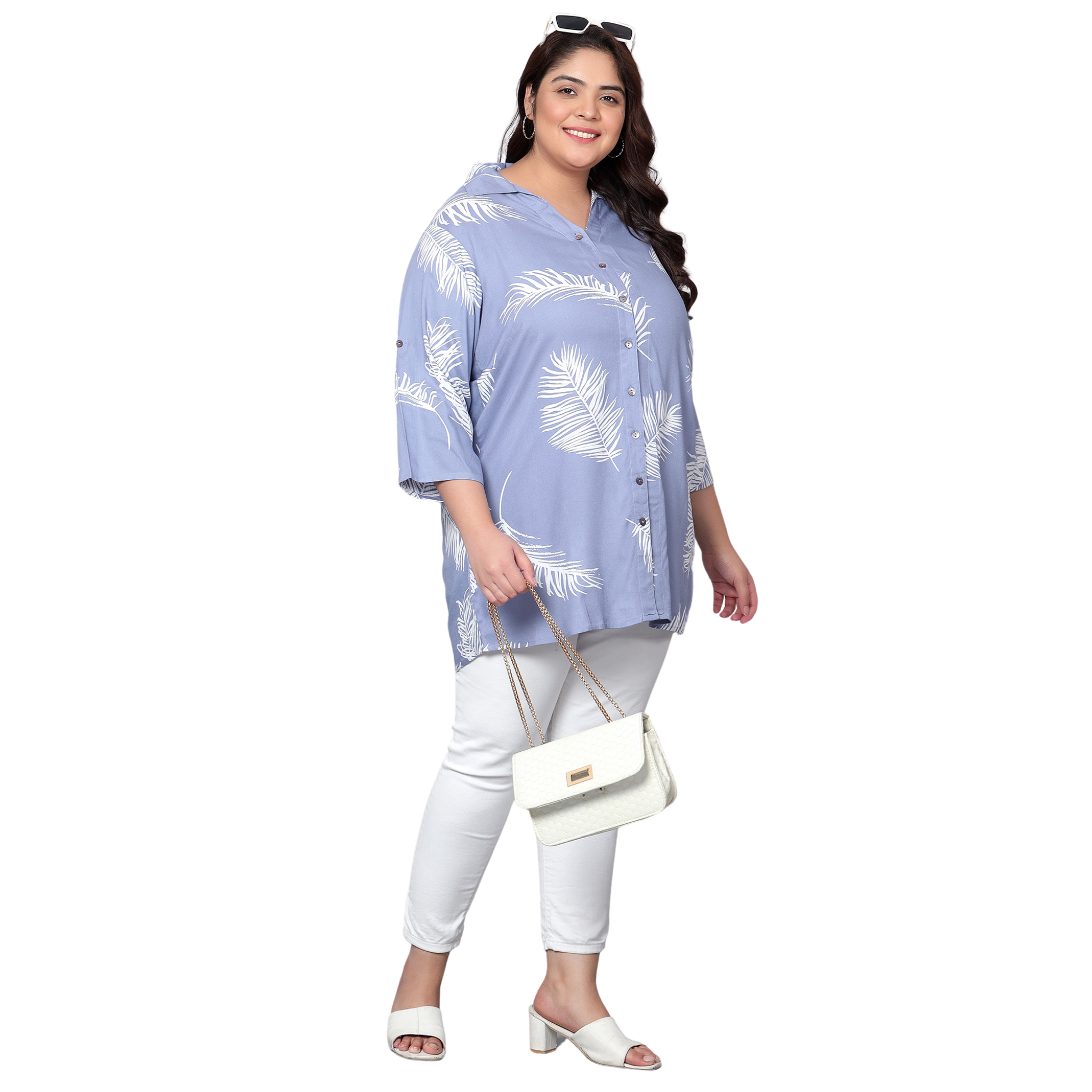 Blue Leaf Print Plus Size Shirt