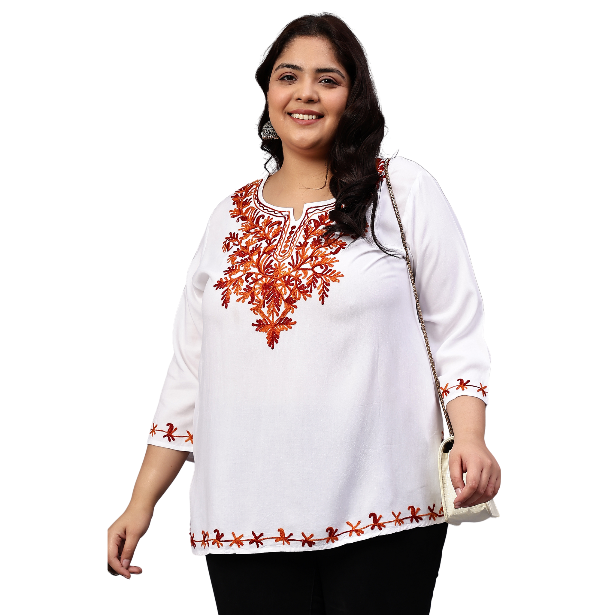 White And Red Embroidered Plus Size Tunic