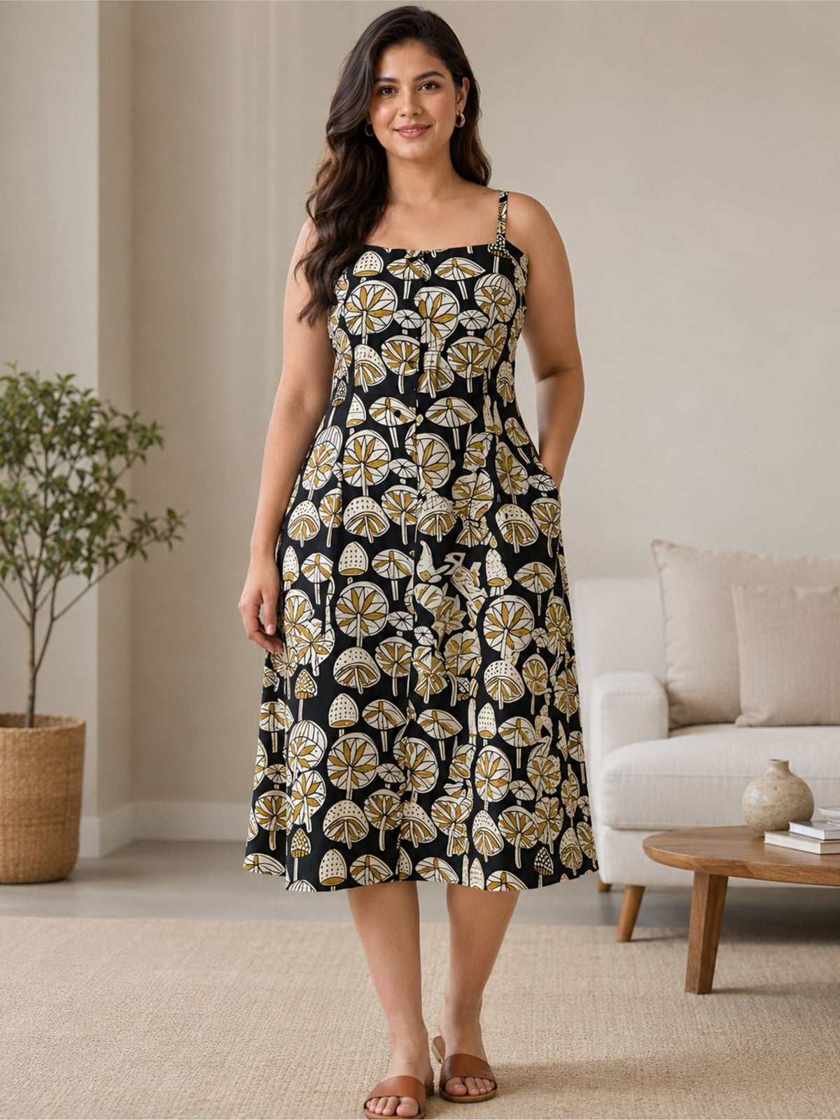 Black Mushroom Print Strap Dress