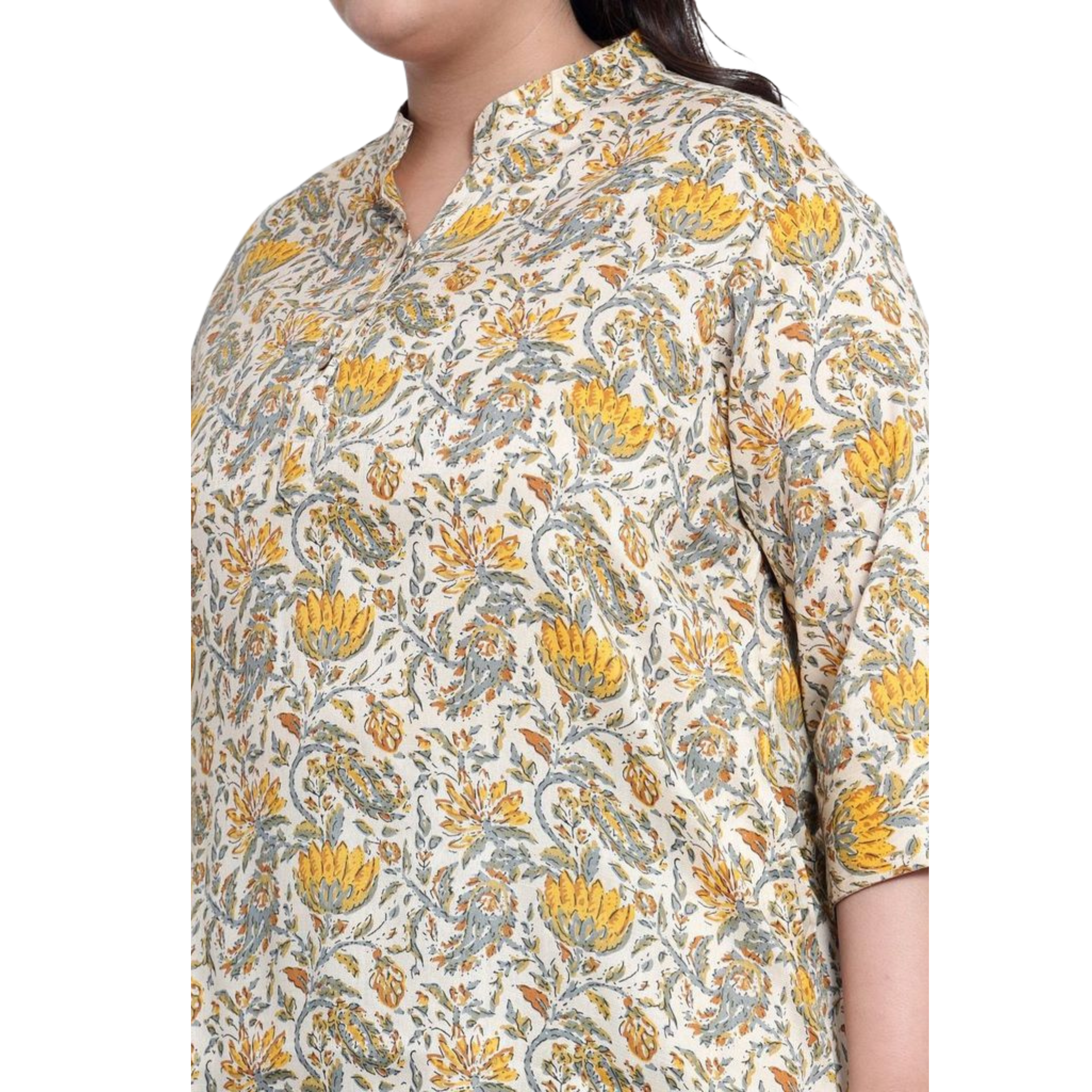 Yellow and Beige Floral Print Plus Size Tunic