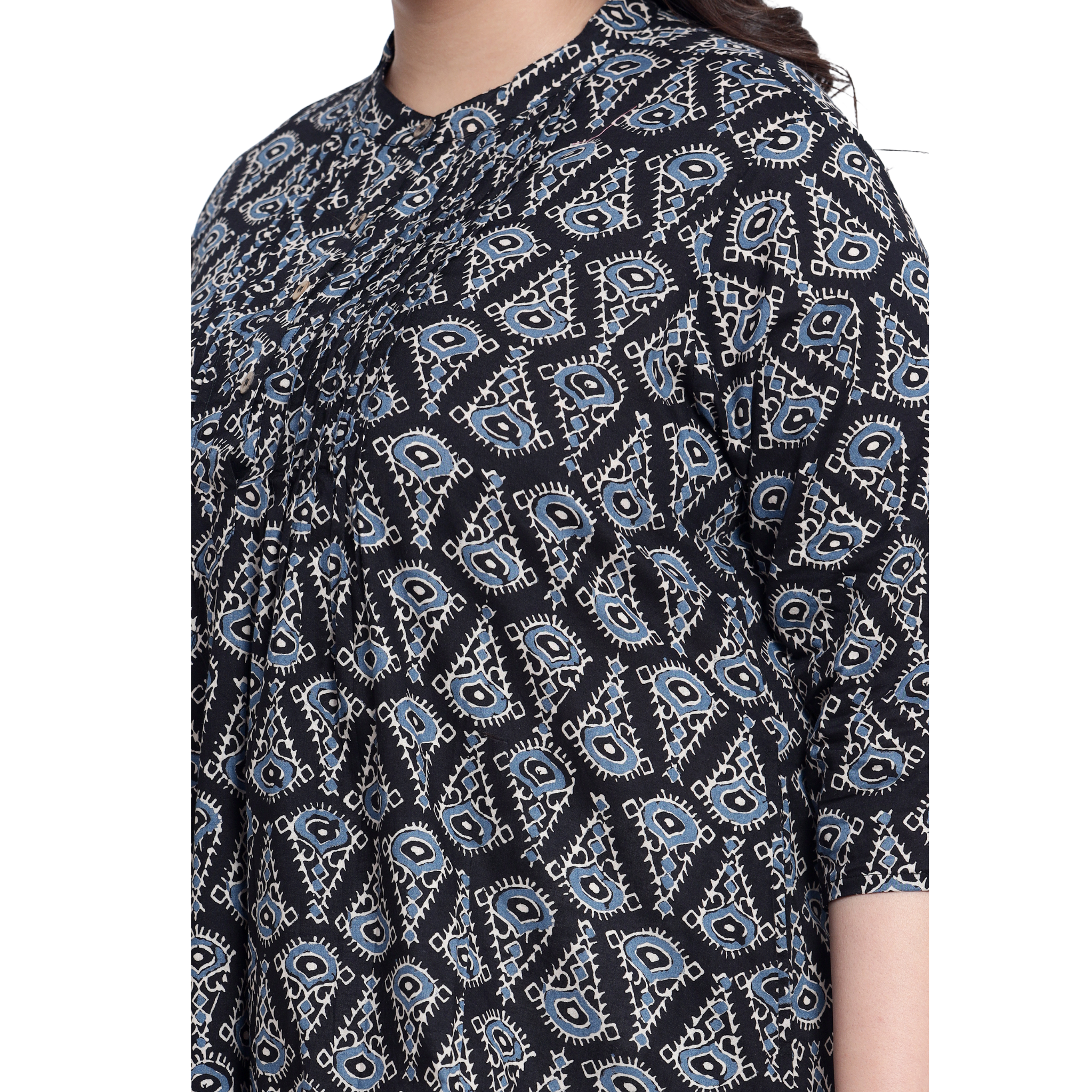 Black Geometric Print Pleat Plus Size Tunic