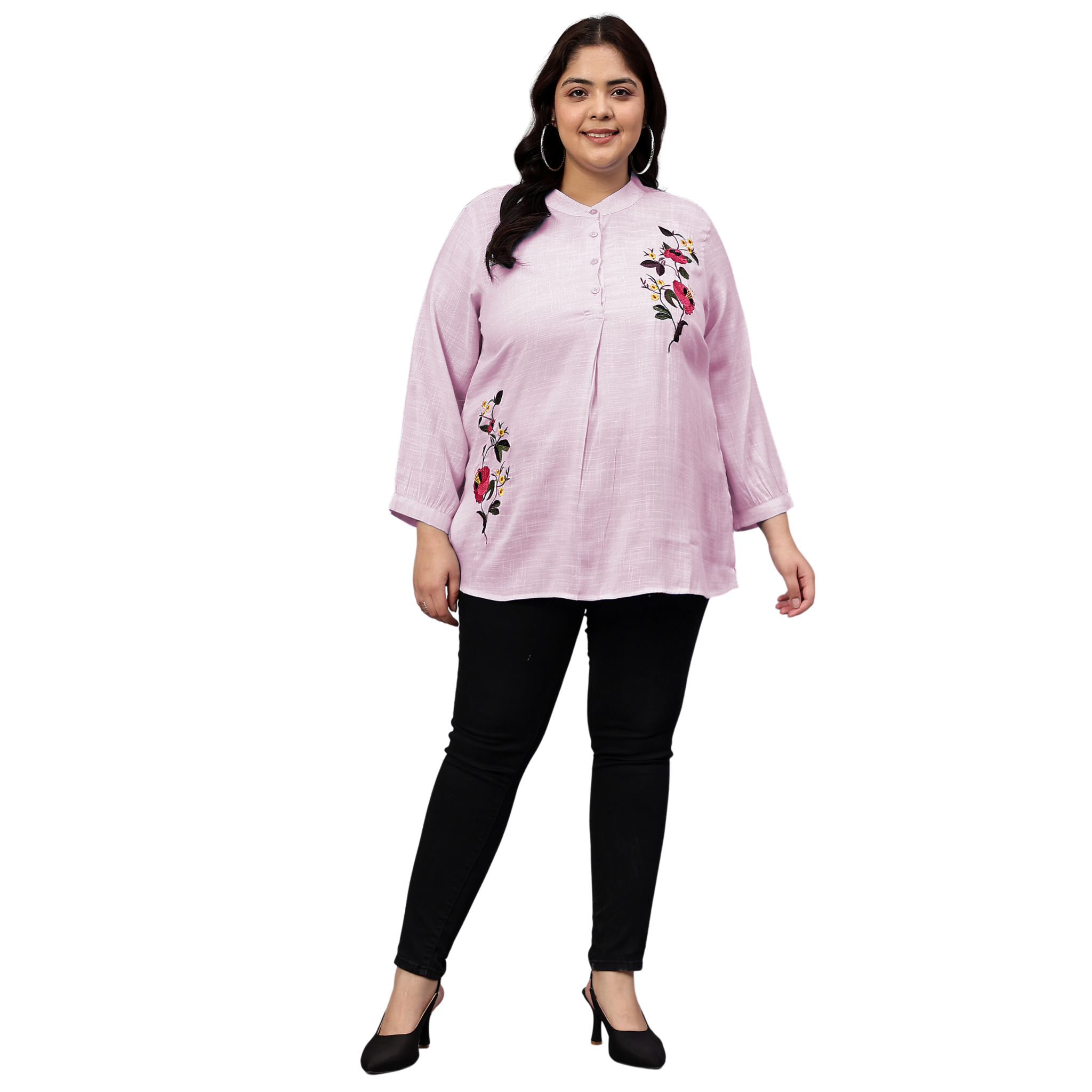 Pink Floral Embroidered Plus Size Tunic