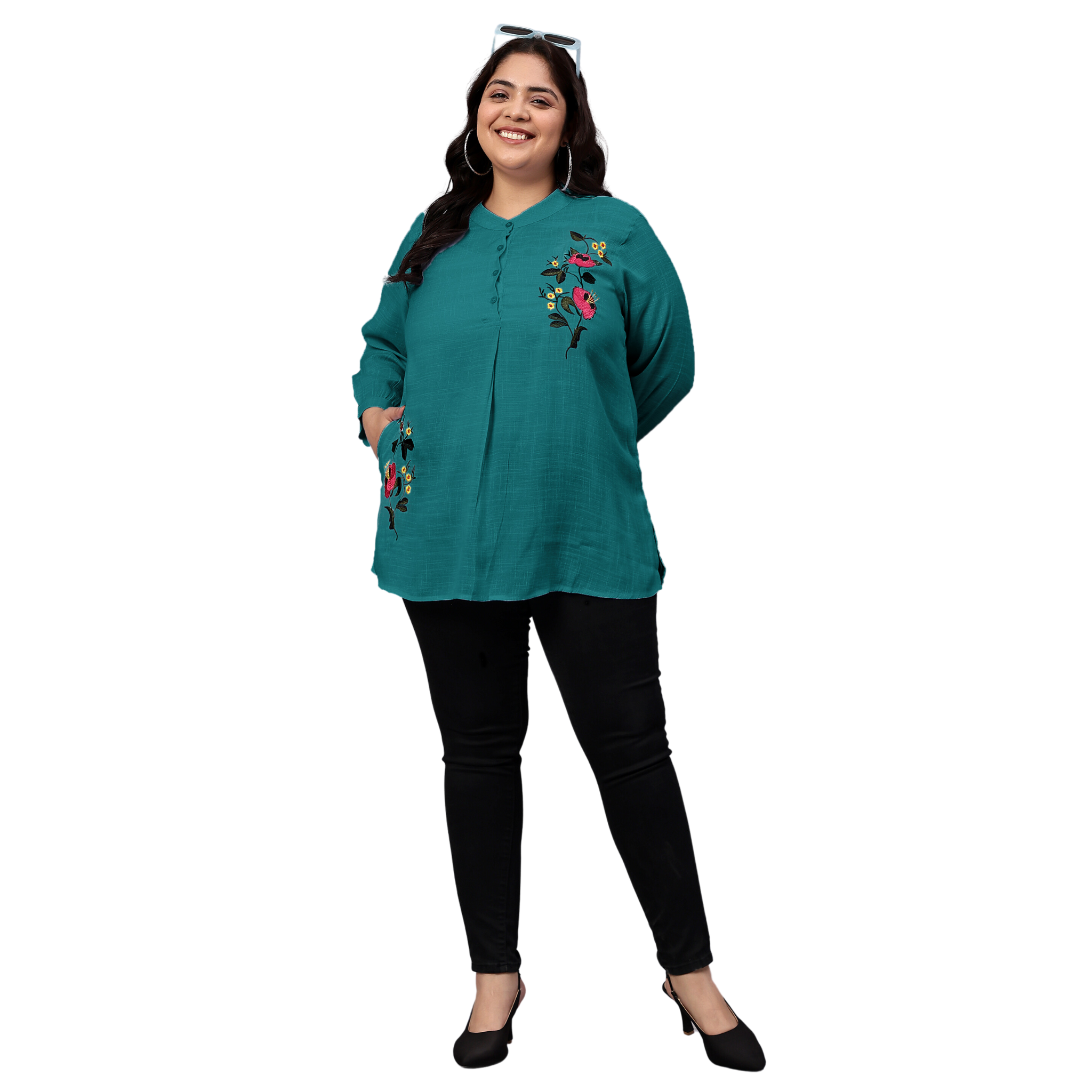 Turquoise Floral Embroidered Plus Size Tunic