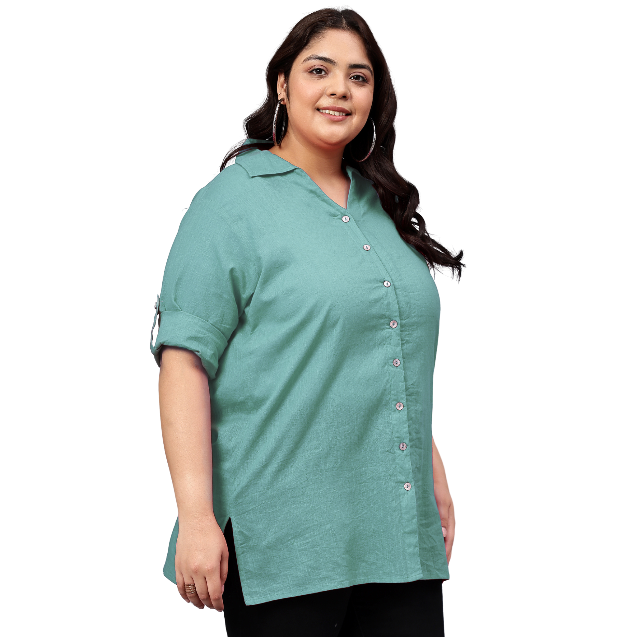 Blue Cotton Longline Plus Size Shirt