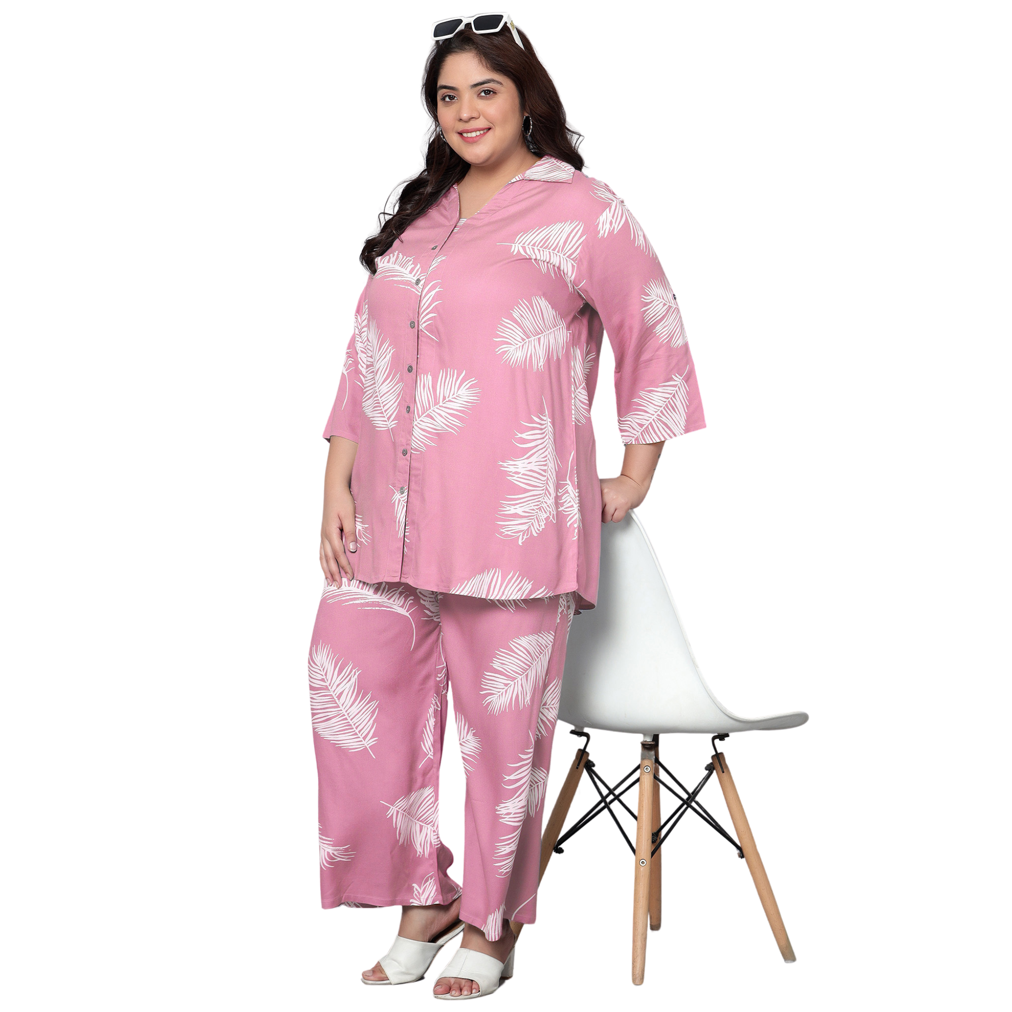 Pink Leaf Print Plus Size Co-Ord Set