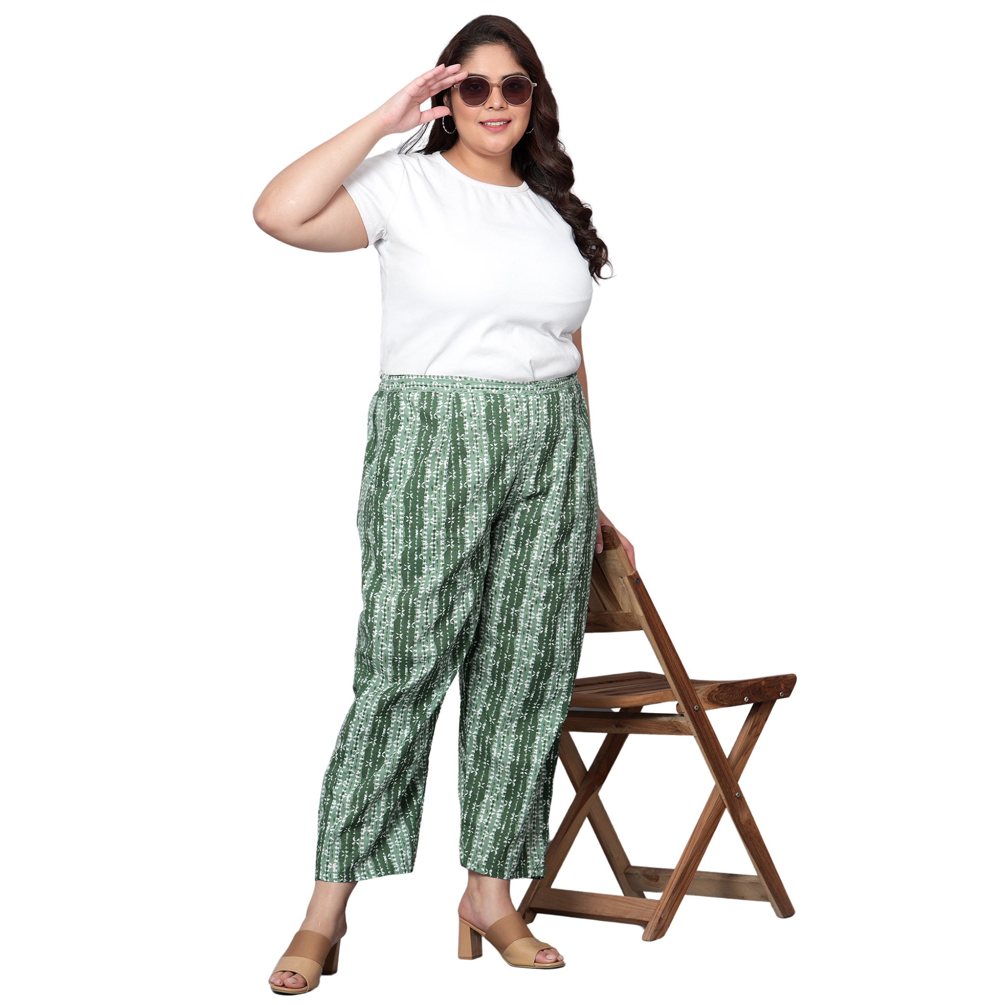 Green Hand Block Print Plus Size Trousers