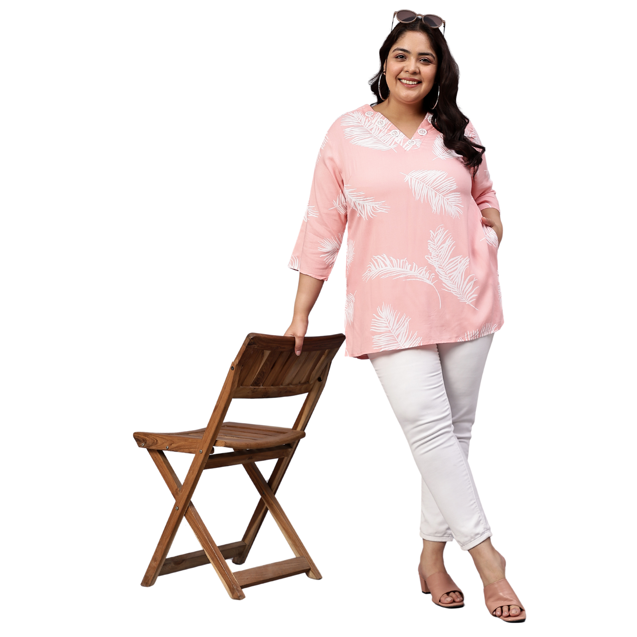 Pink Leaf Buttoned Plus Size Tunic