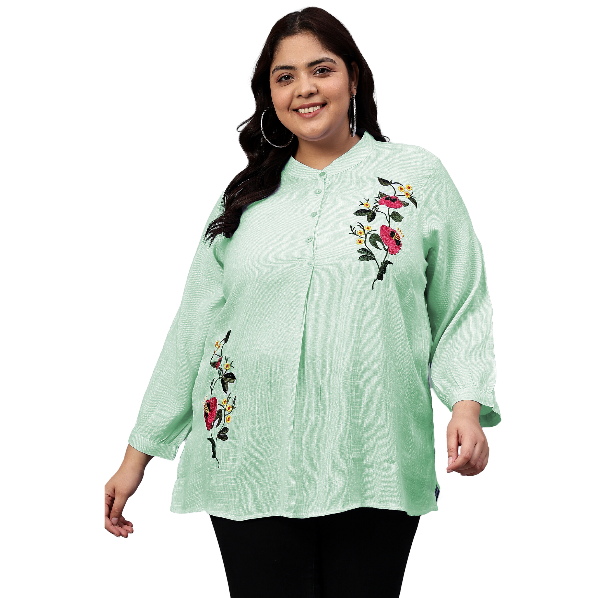 Green Floral Embroidered Plus Size Tunic