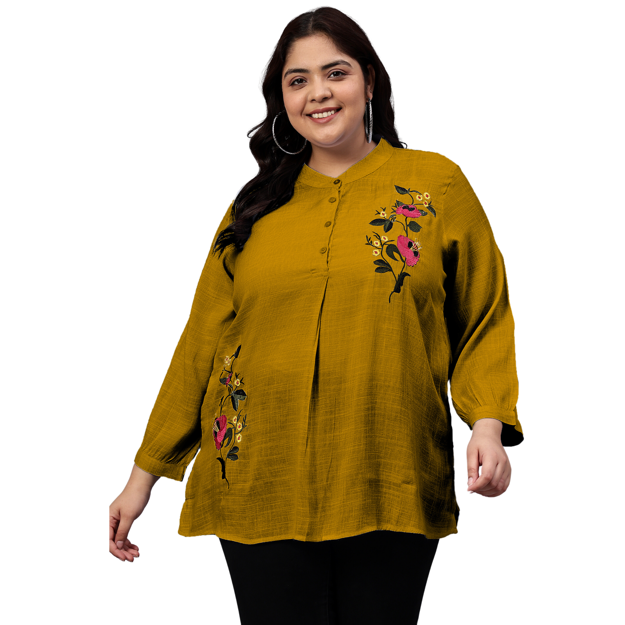Mustard Floral Embroidered Plus Size Tunic