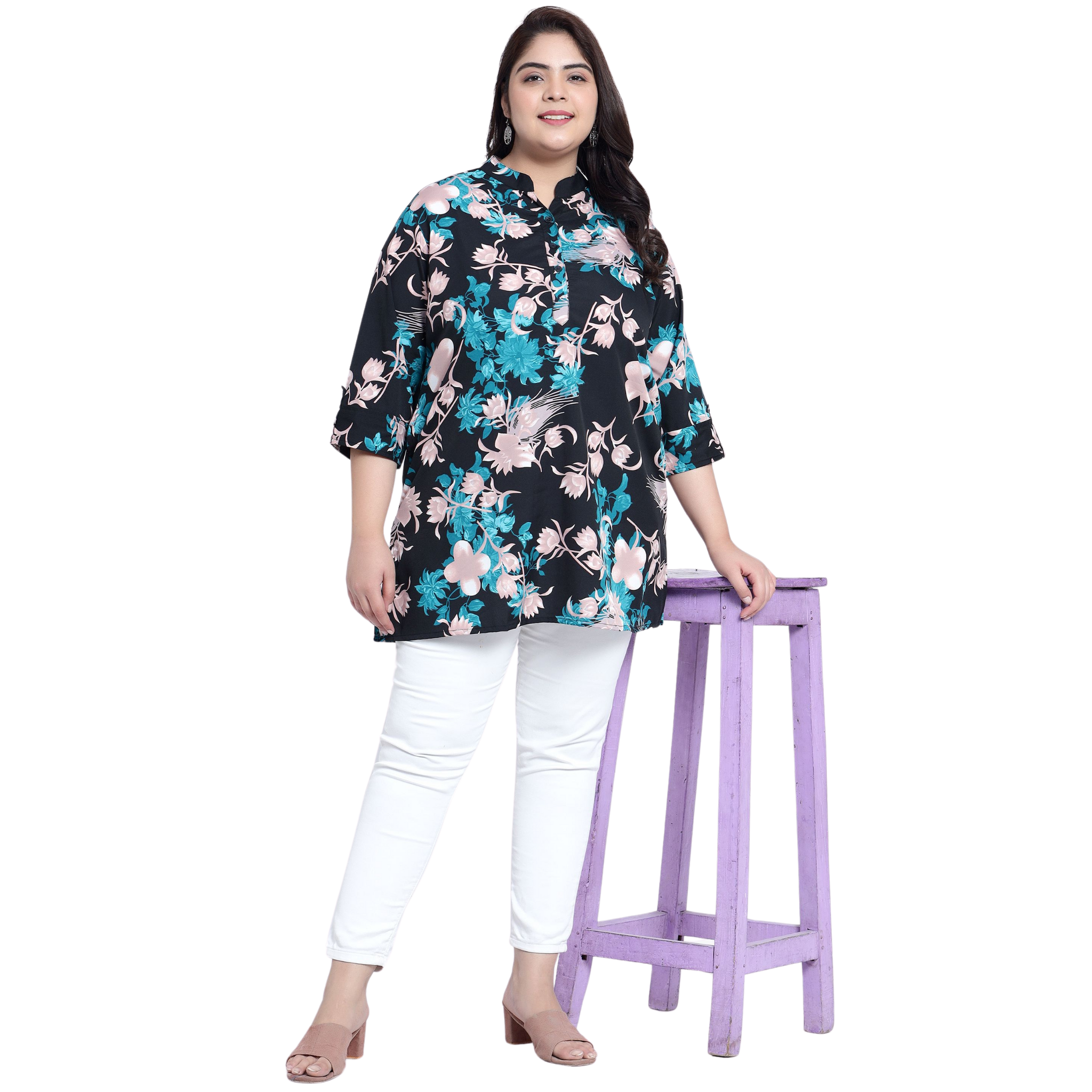 Green and Pink Floral Print Plus Size Tunic