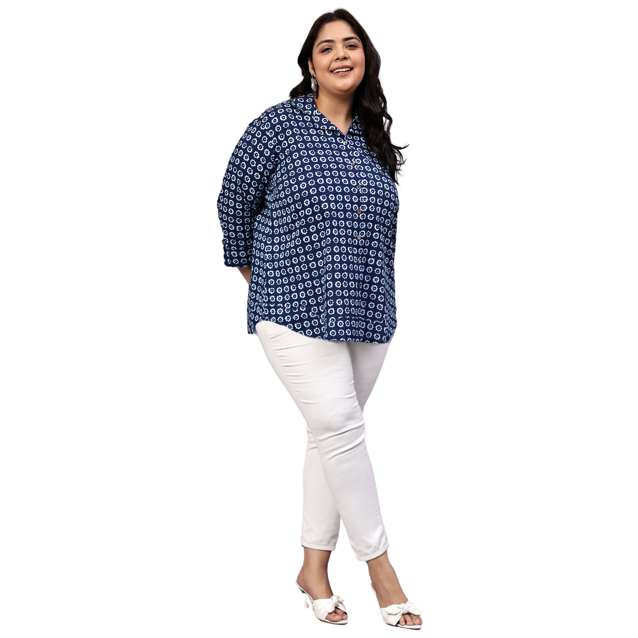 Blue Floral Print Plus Size Shirt