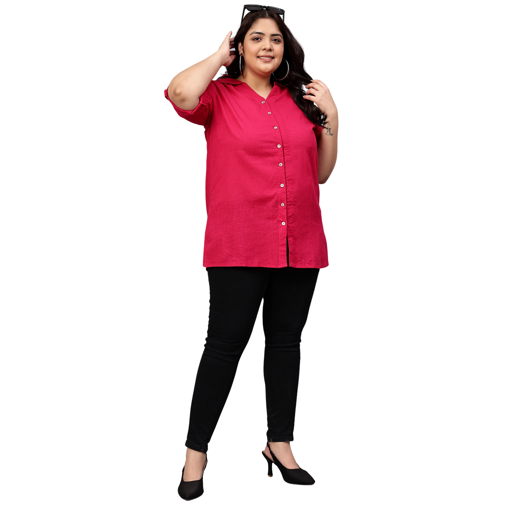 Pink Cotton Longline Plus Size Shirt