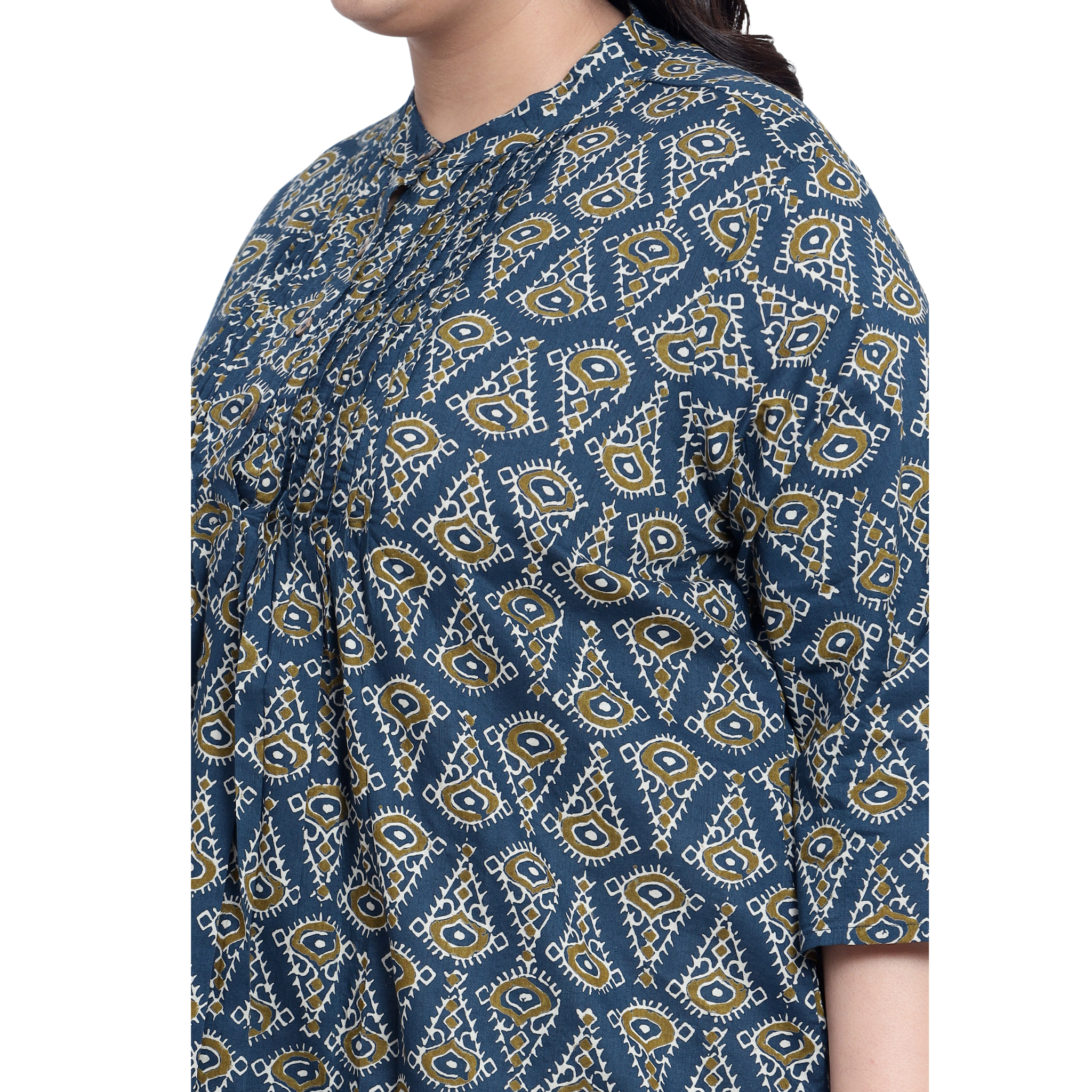 Blue Geometric Print Pleat Plus Size Tunic
