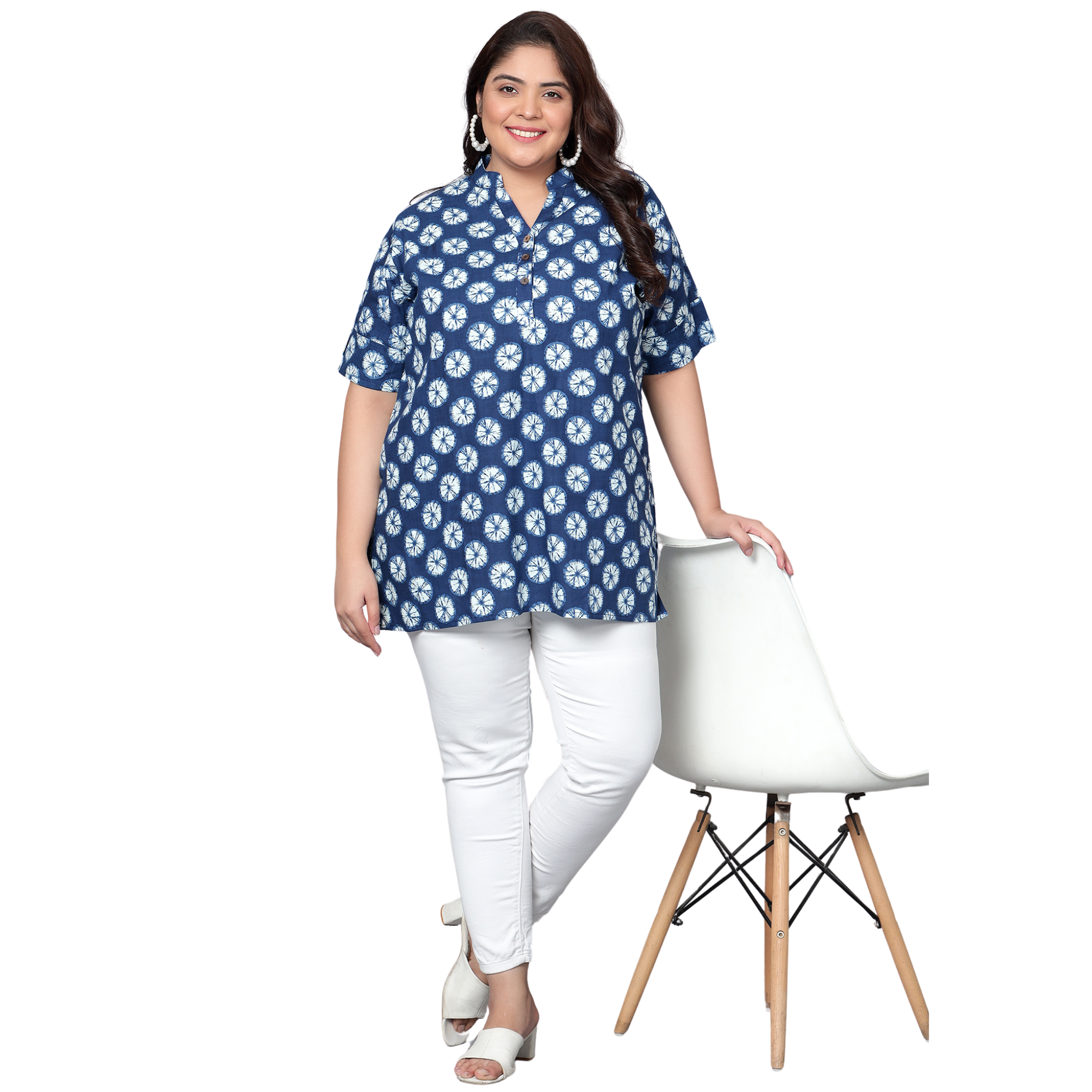 Blue Geometric Cotton Plus Size Tunic