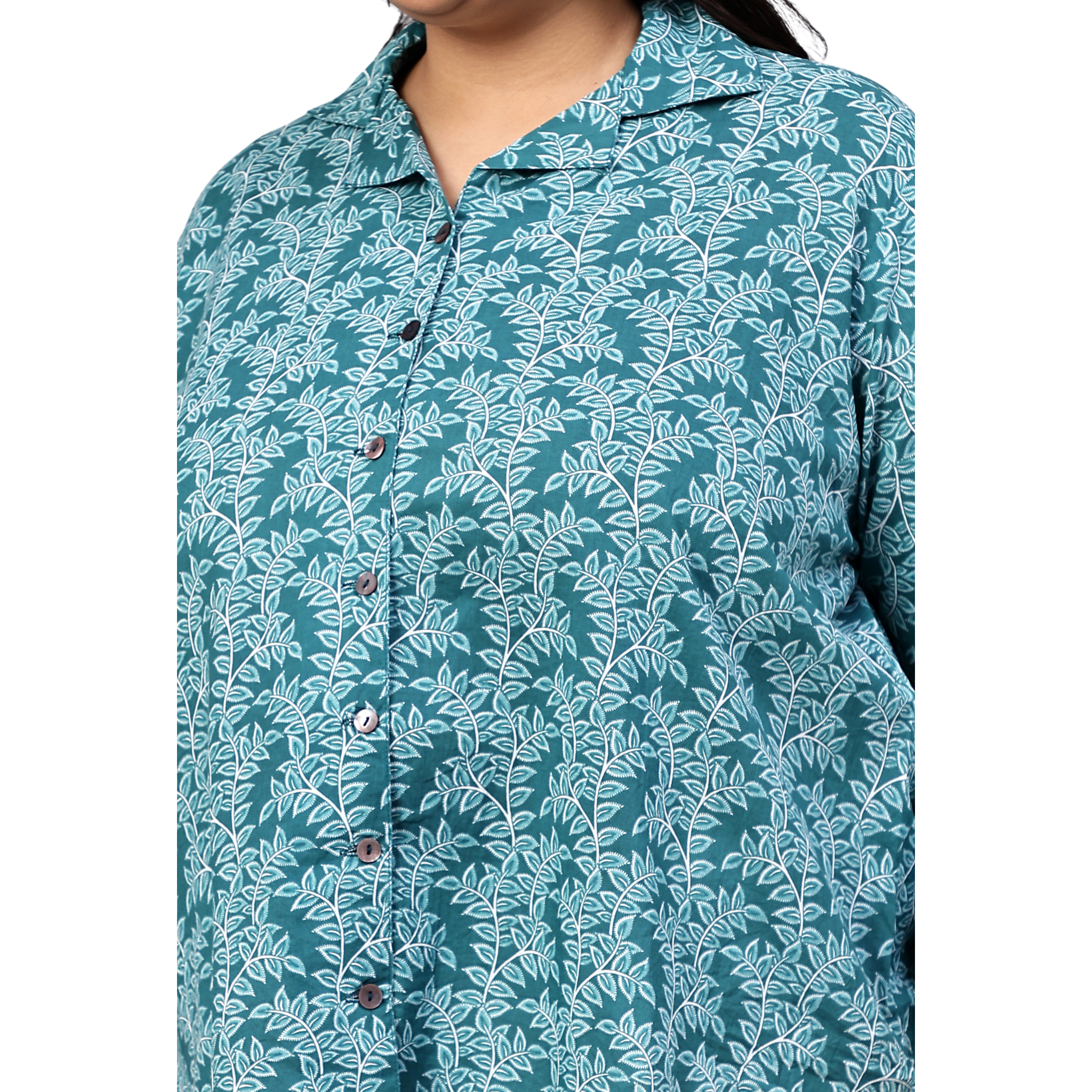 Turquoise Leaf Print Plus Size Shirt
