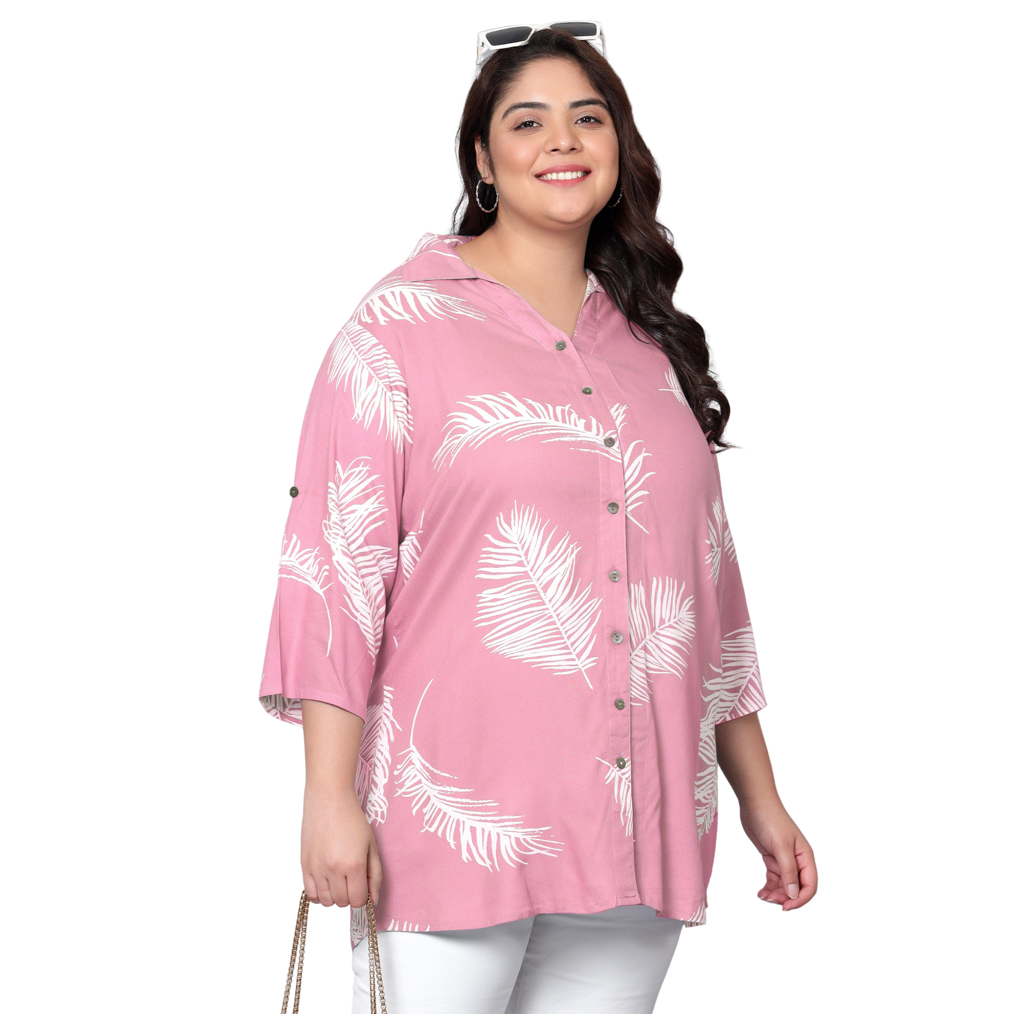 Pink Leaf Print Plus Size Shirt