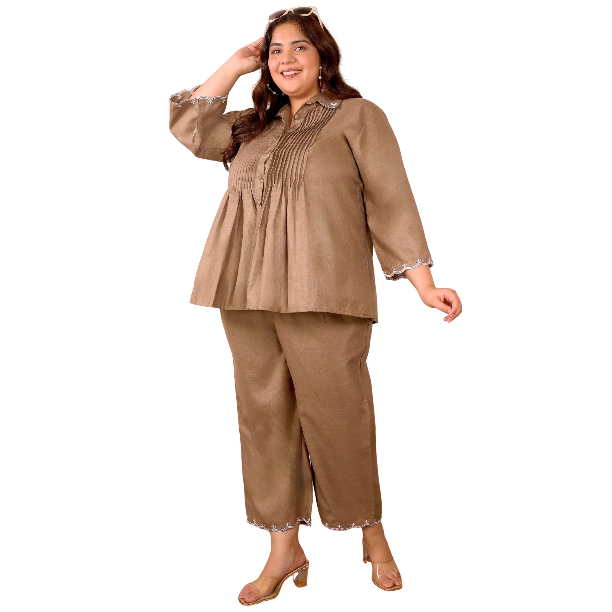 Brown Cotton Collar Embroidered Co Ord Set