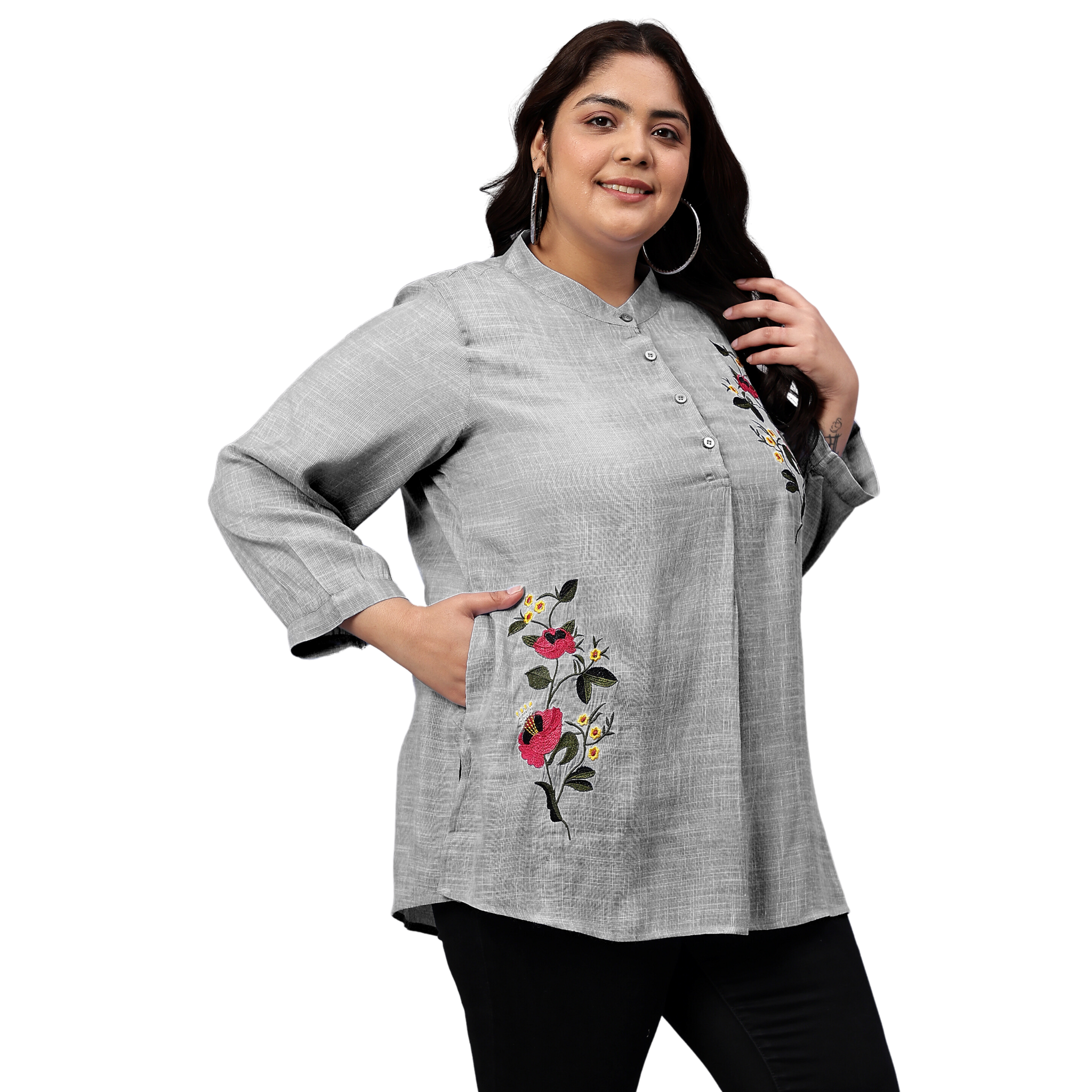 Grey Floral Embroidered Plus Size Tunic