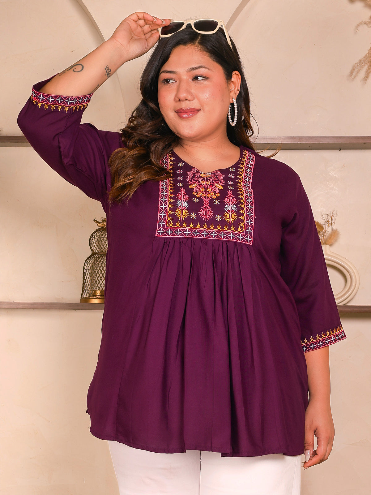 Burgundy Embroidered Plus Size Tunic