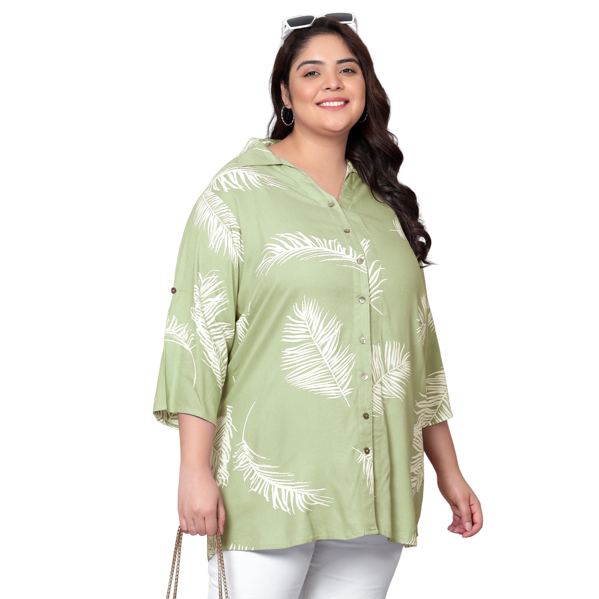 Green Leaf Print Plus Size Shirt