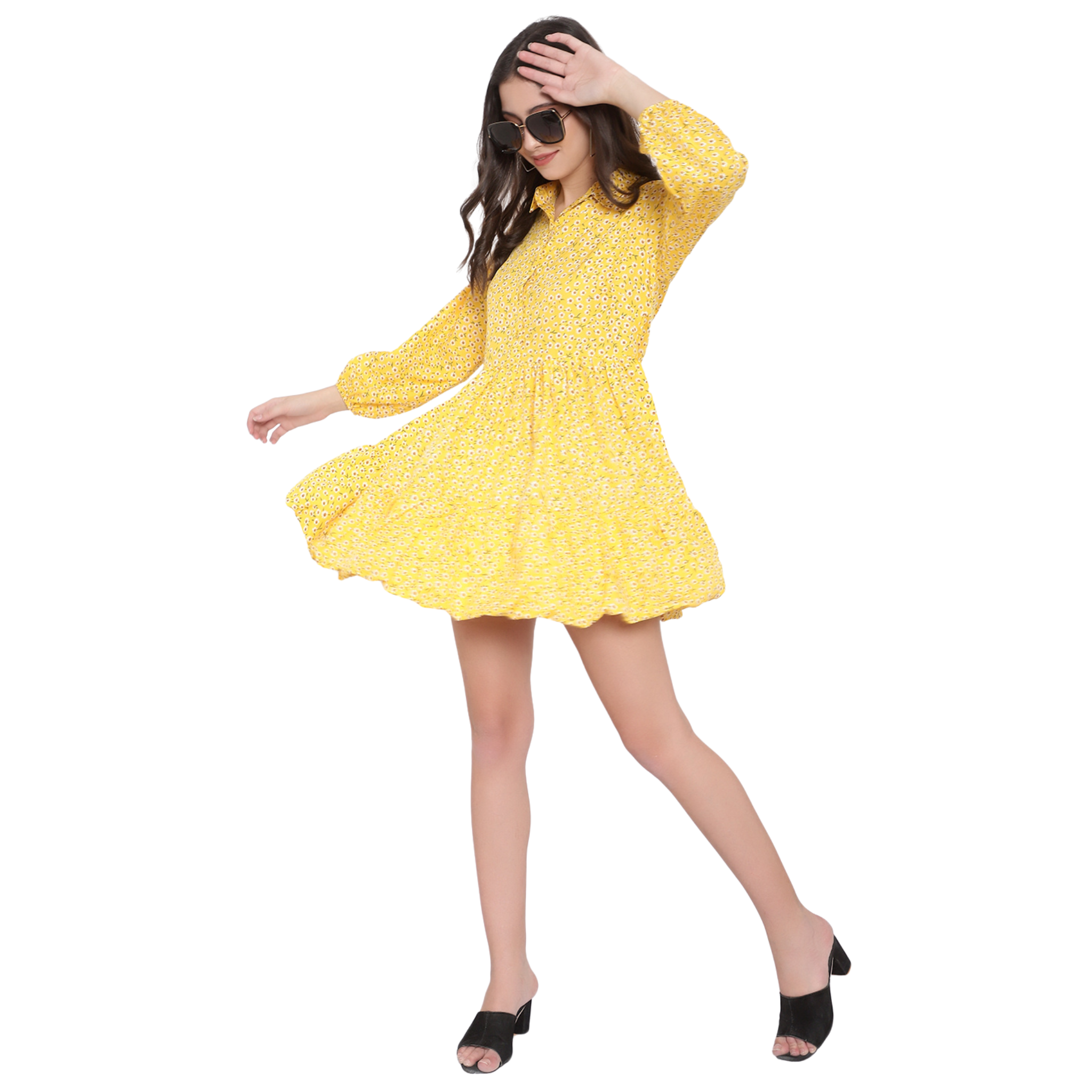 Yellow Floral Print Tiered Dress