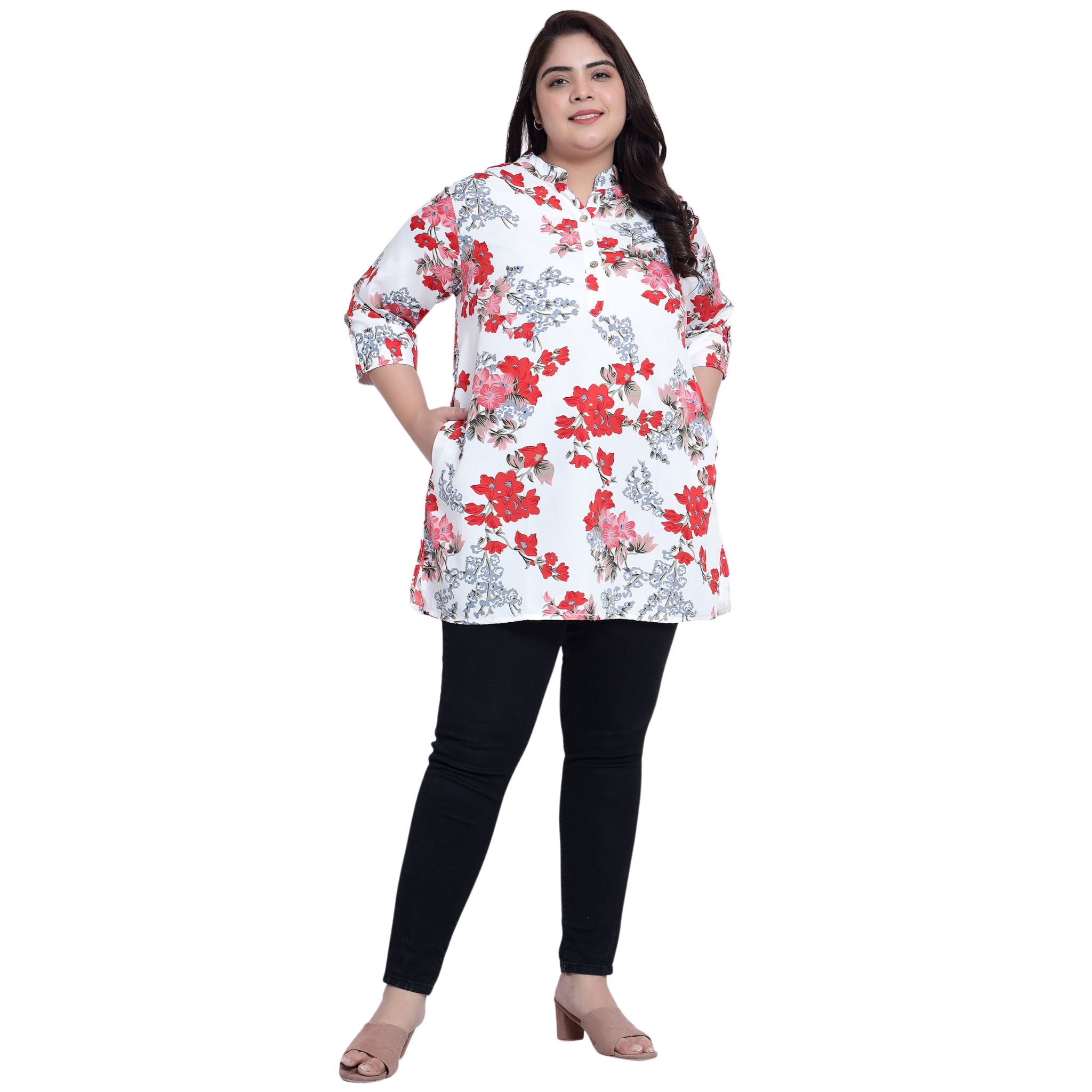 White Floral Print Plus Size Tunic