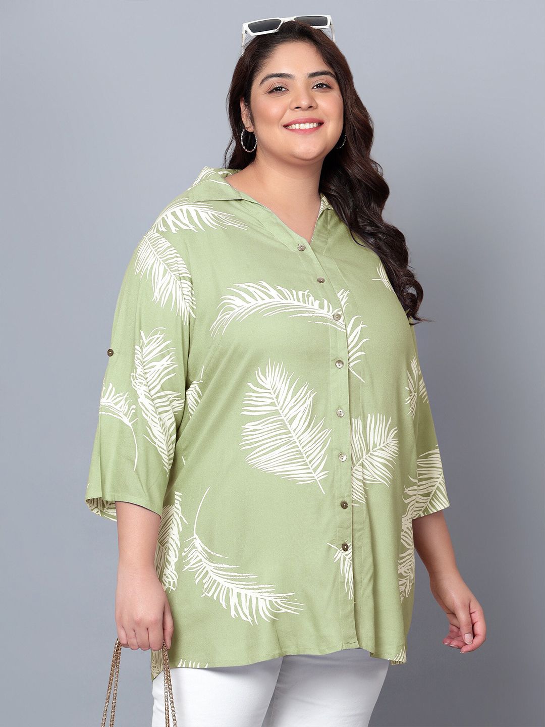Green Leaf Print Plus Size Shirt — view 3