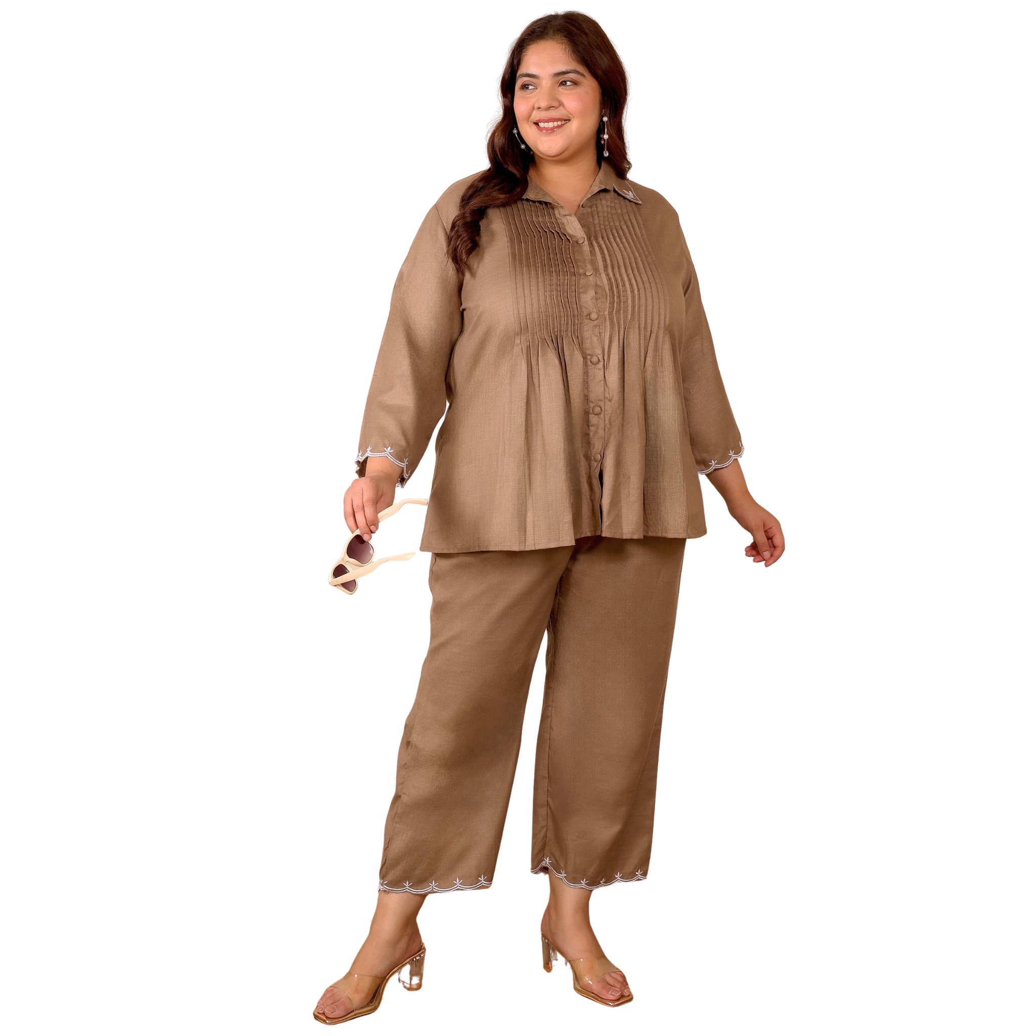 Brown Cotton Collar Embroidered Co Ord Set