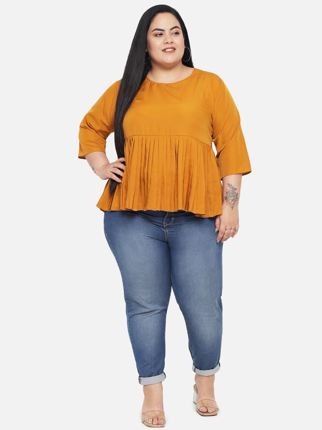 Mustard Solid Waist Pleated Top — view 5