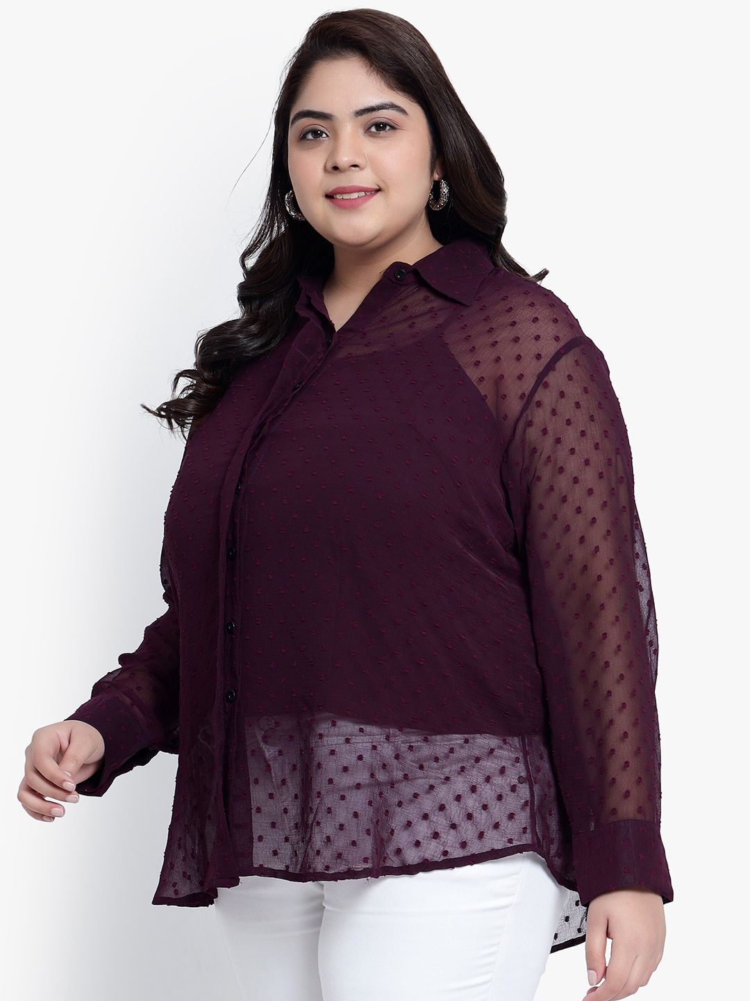 Purple Dobby Sheer Plus Size Shirt with Slip — view 4