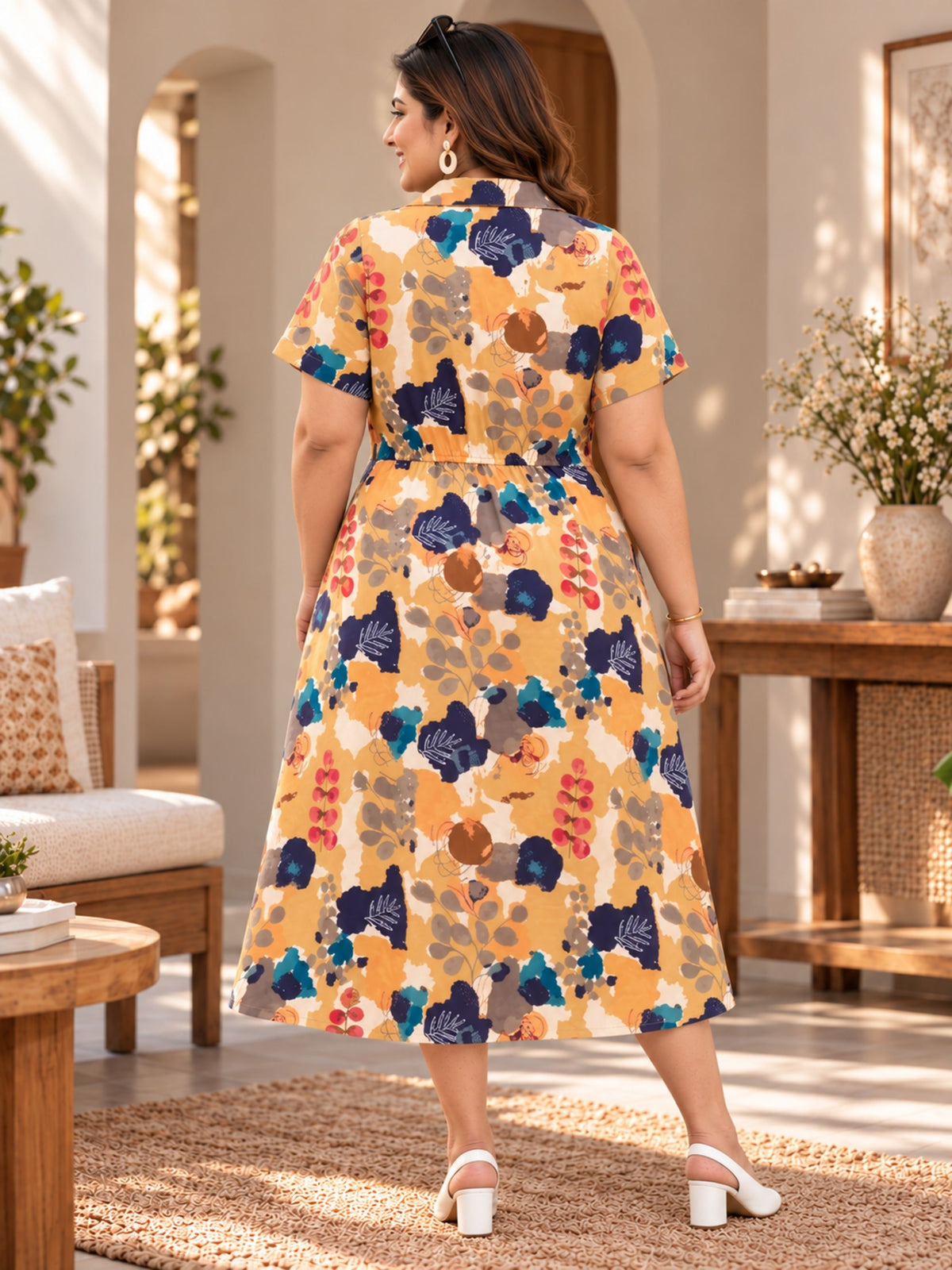 Mustard Motif Print Midi Sleeve Dress