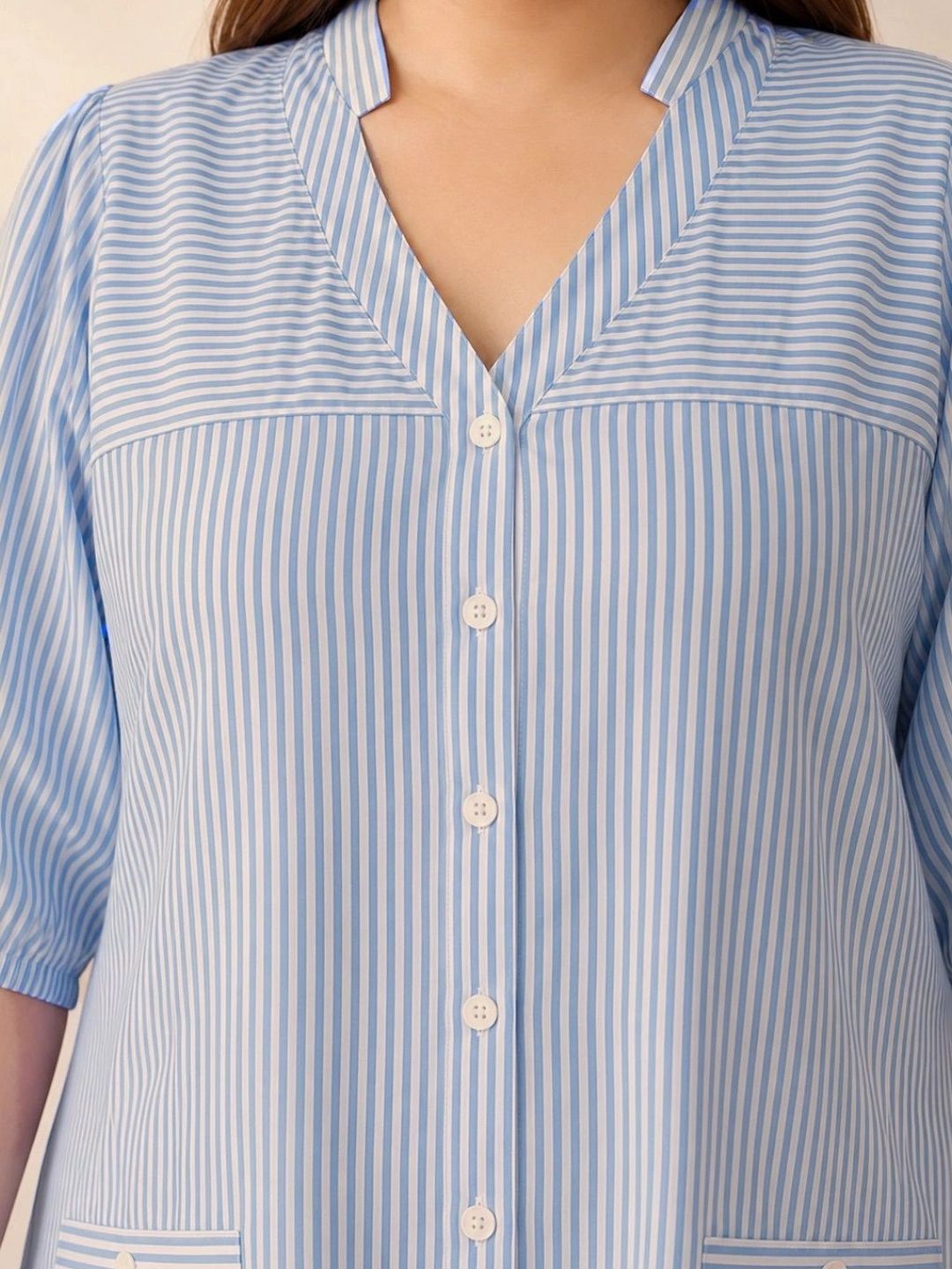 Blue Stripe Print Linen Midi Dress — view 6