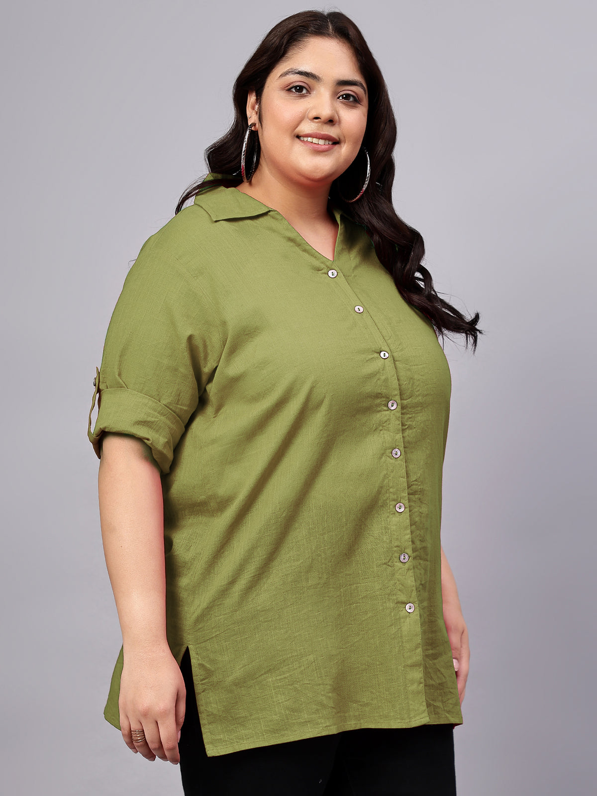 Green Cotton Longline Plus Size Shirt