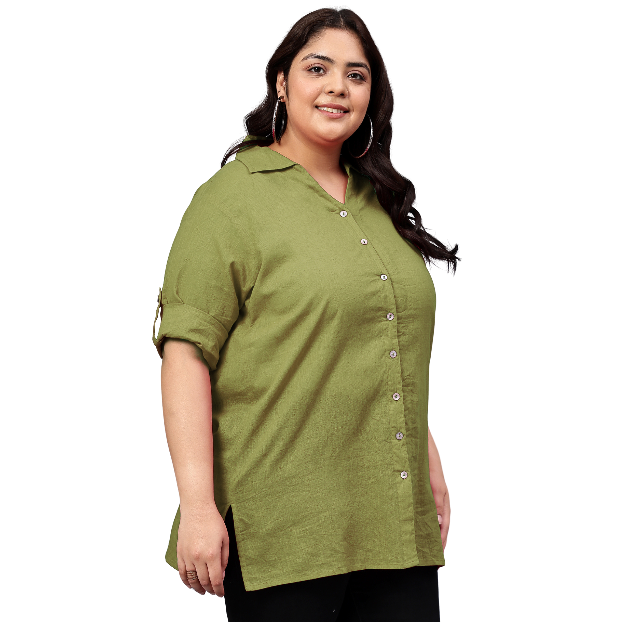 Green Cotton Longline Plus Size Shirt