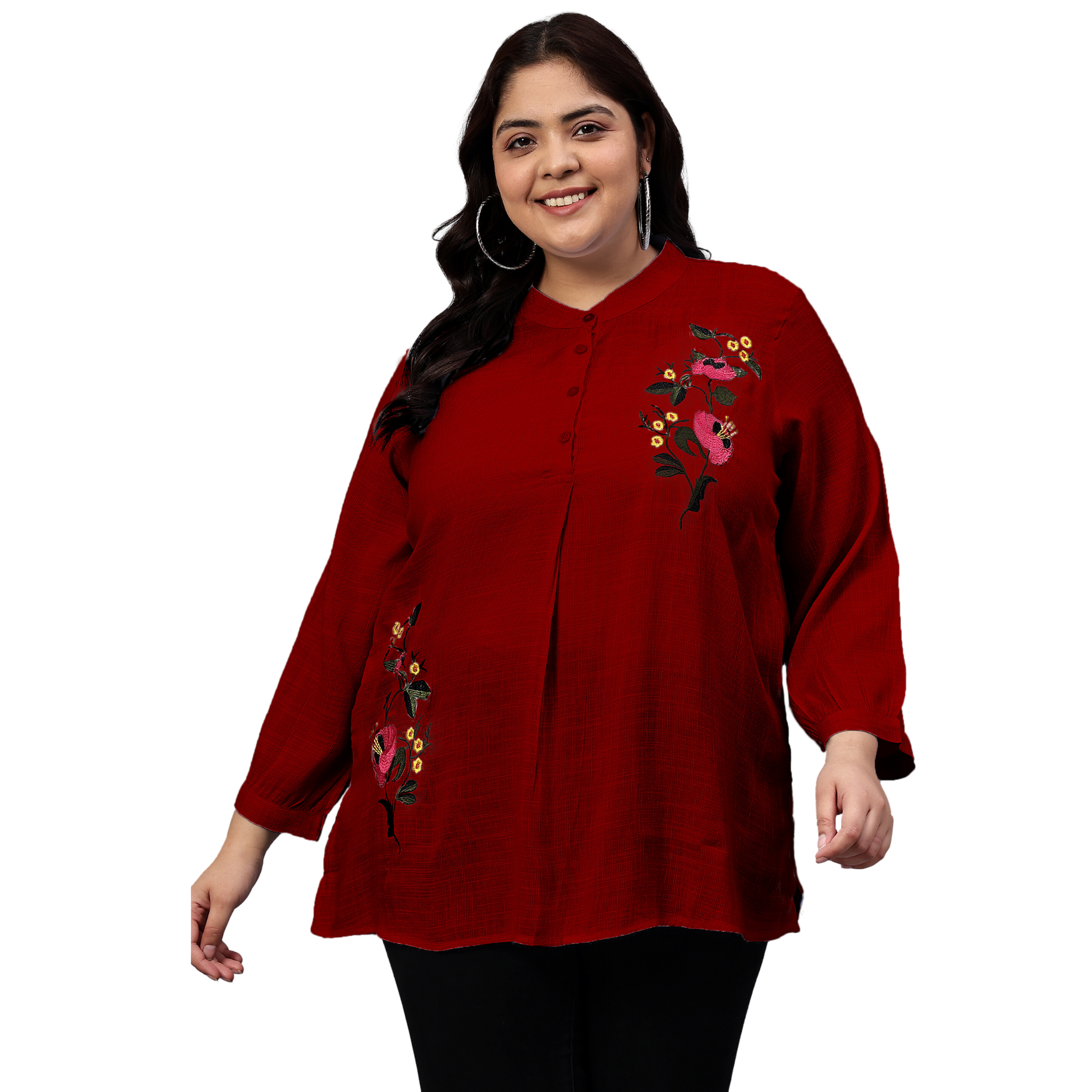 Maroon Floral Embroidered Plus Size Tunic