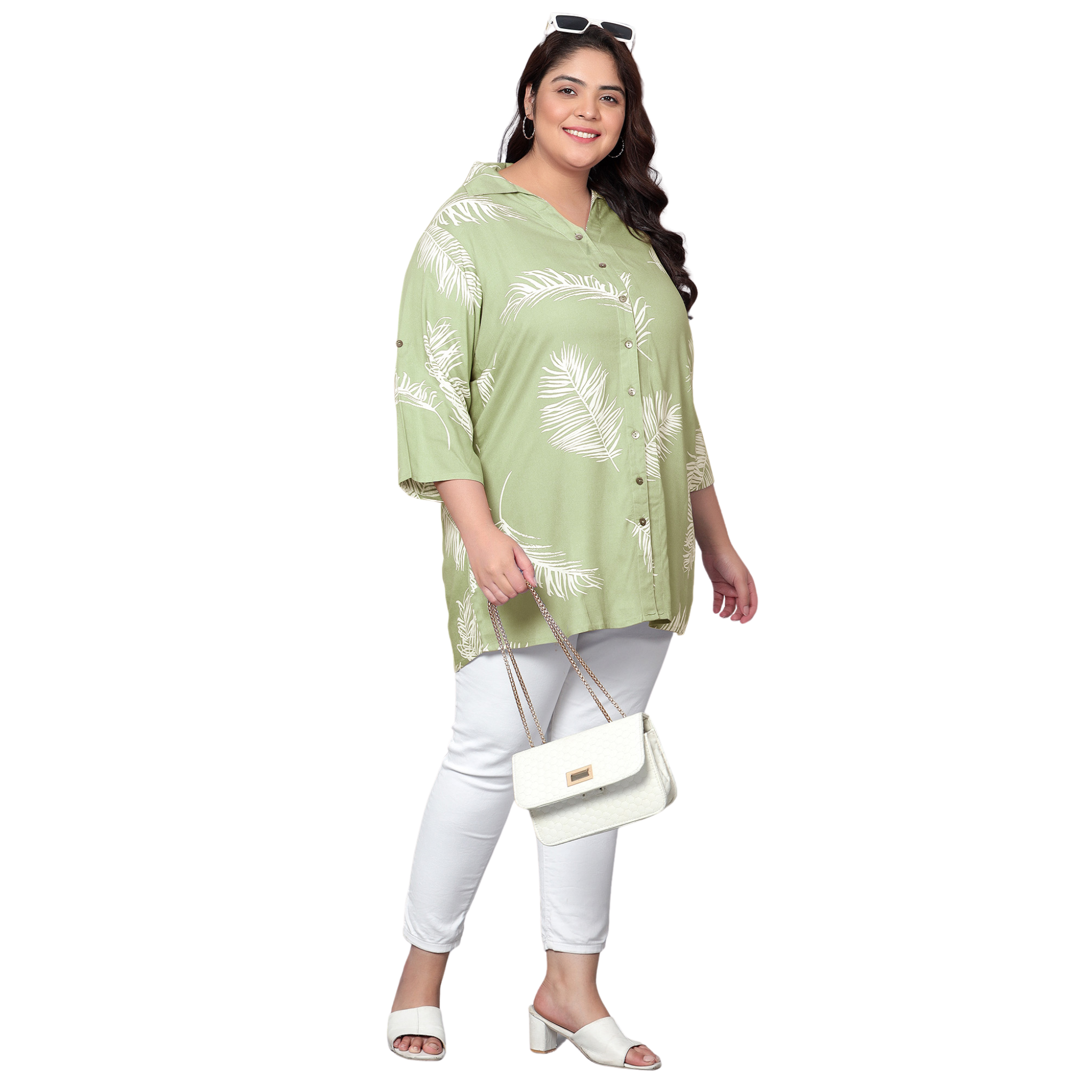 Green Leaf Print Plus Size Shirt
