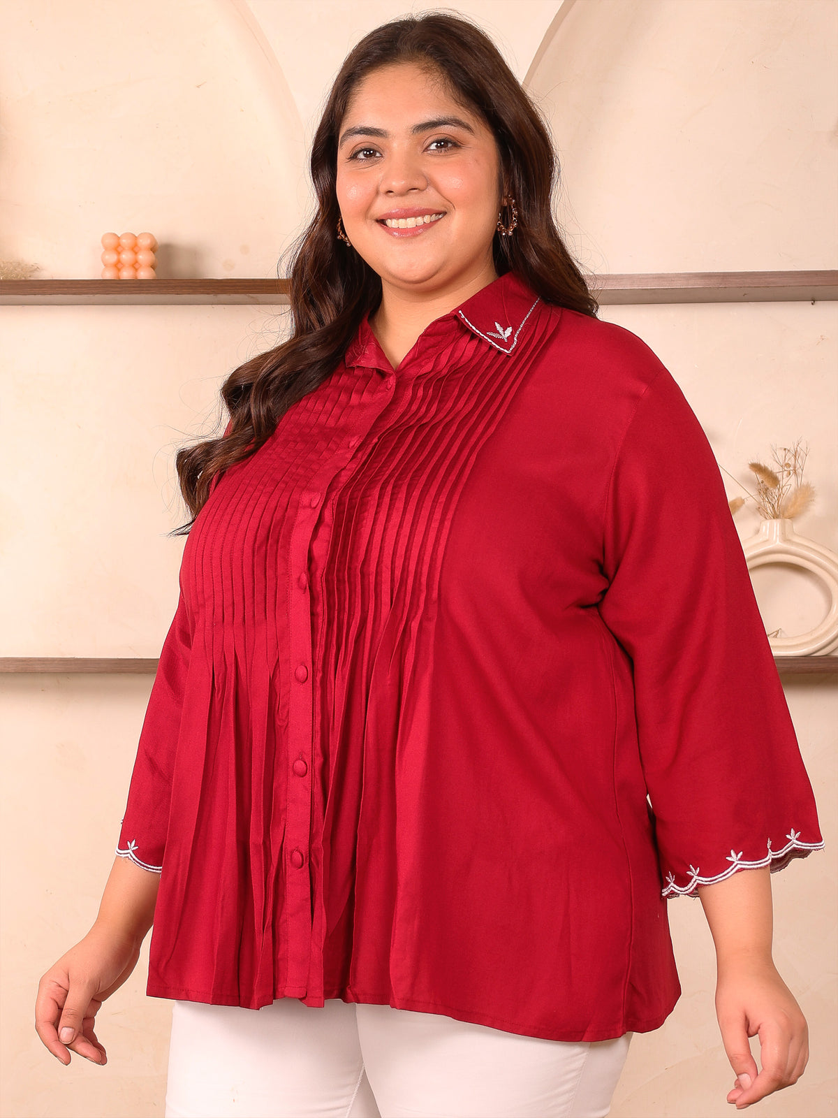 Red Rayon Collar Embroidered Tunic