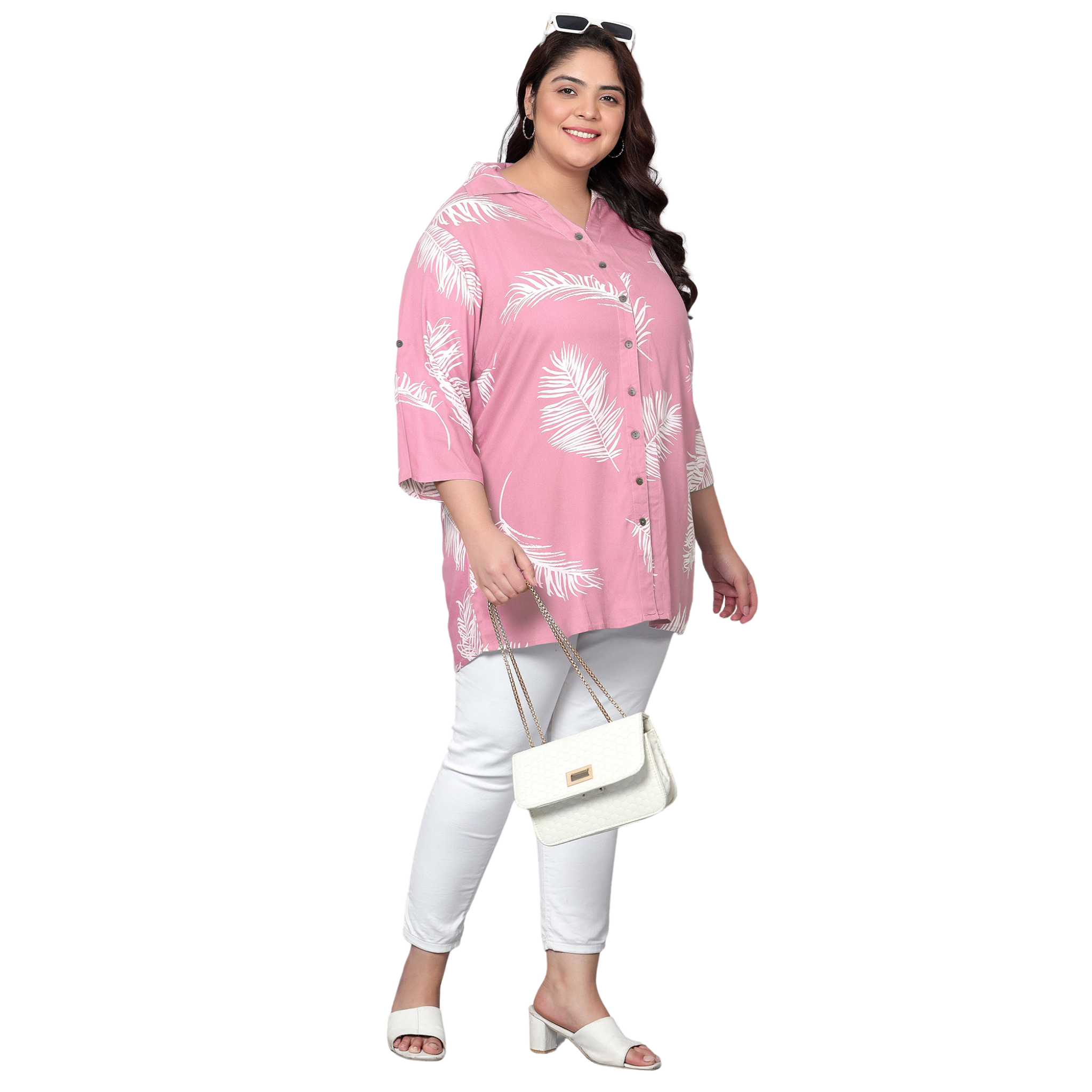 Pink Leaf Print Plus Size Shirt