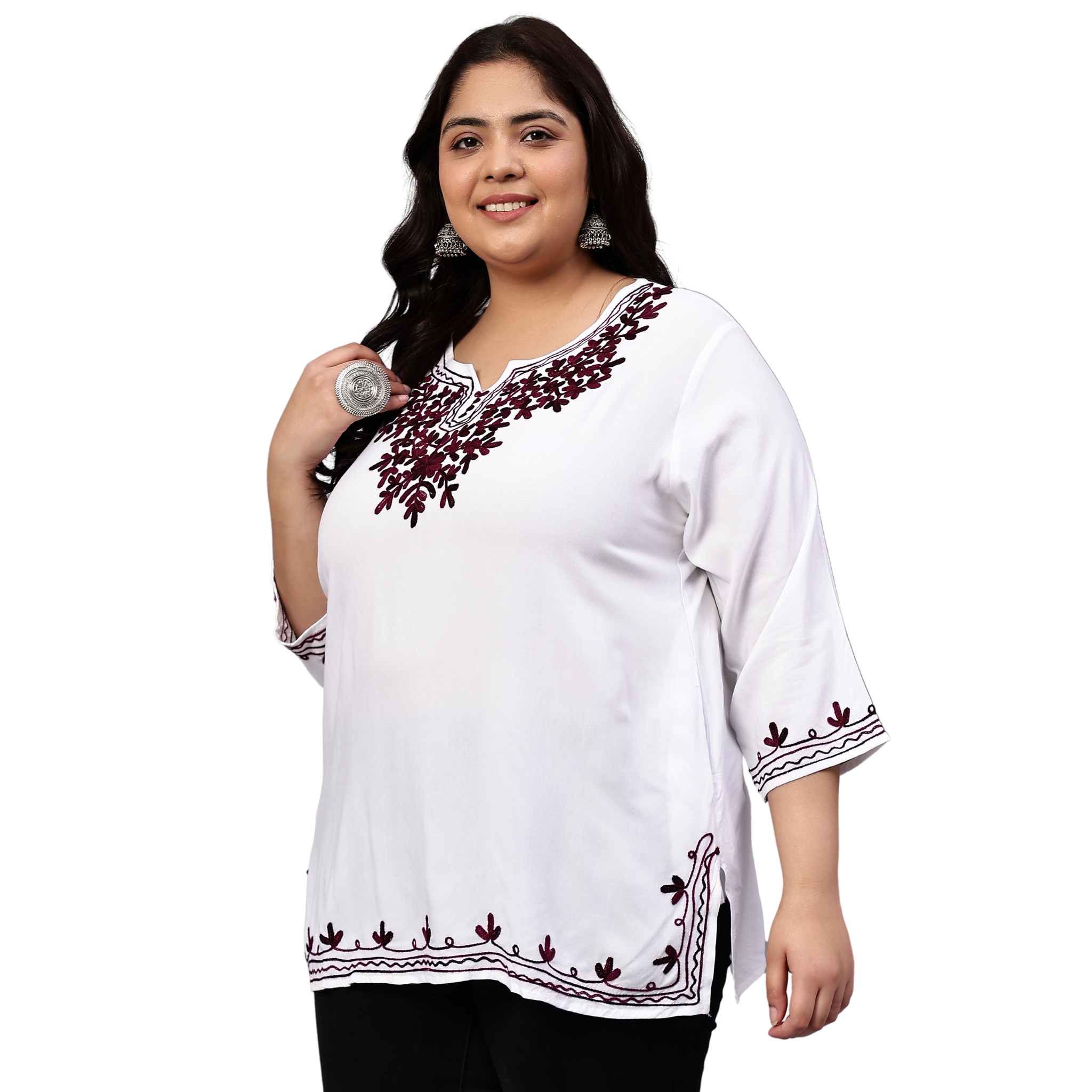 White And Purple Embroidered Plus Size Tunic