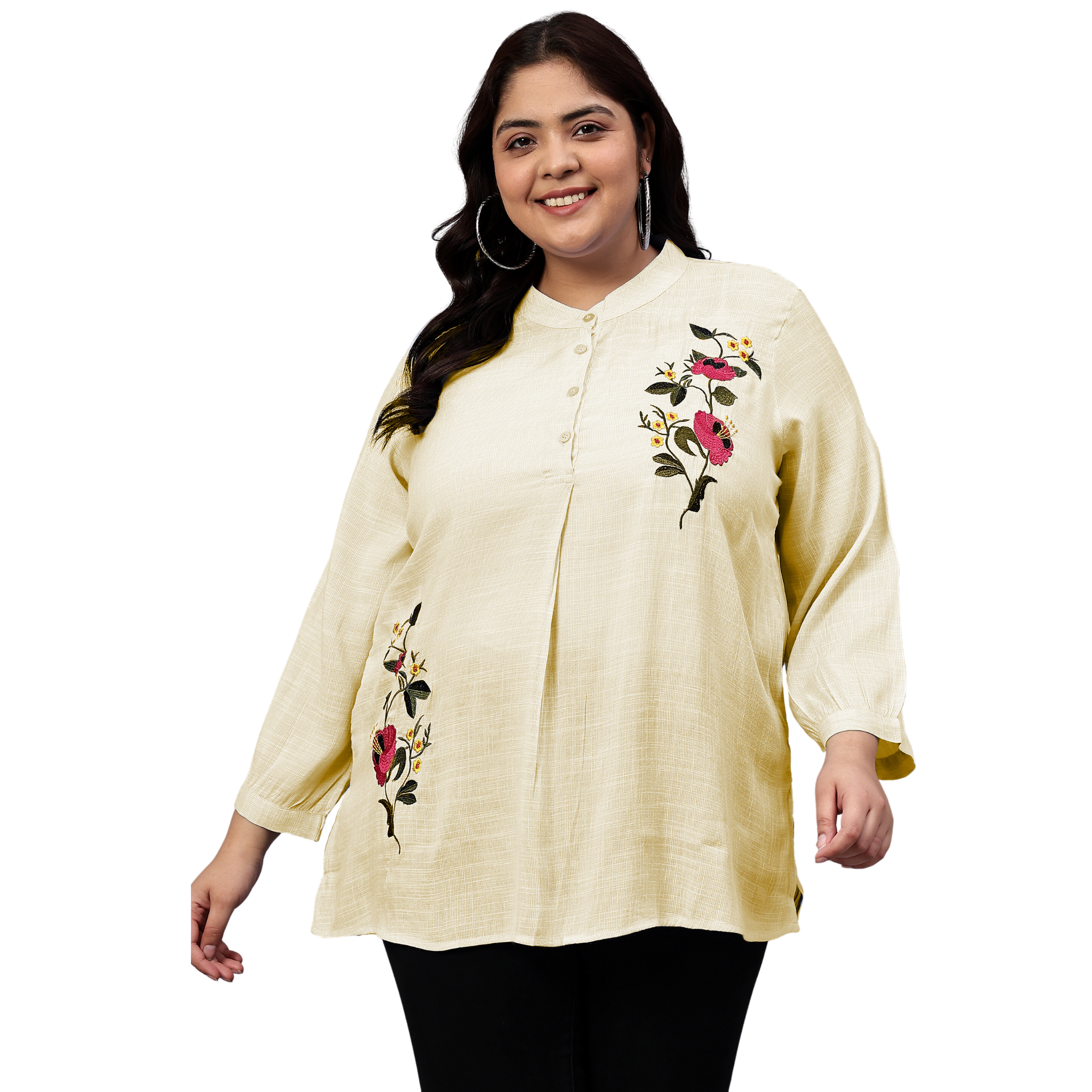 Yellow Floral Embroidered Plus Size Tunic