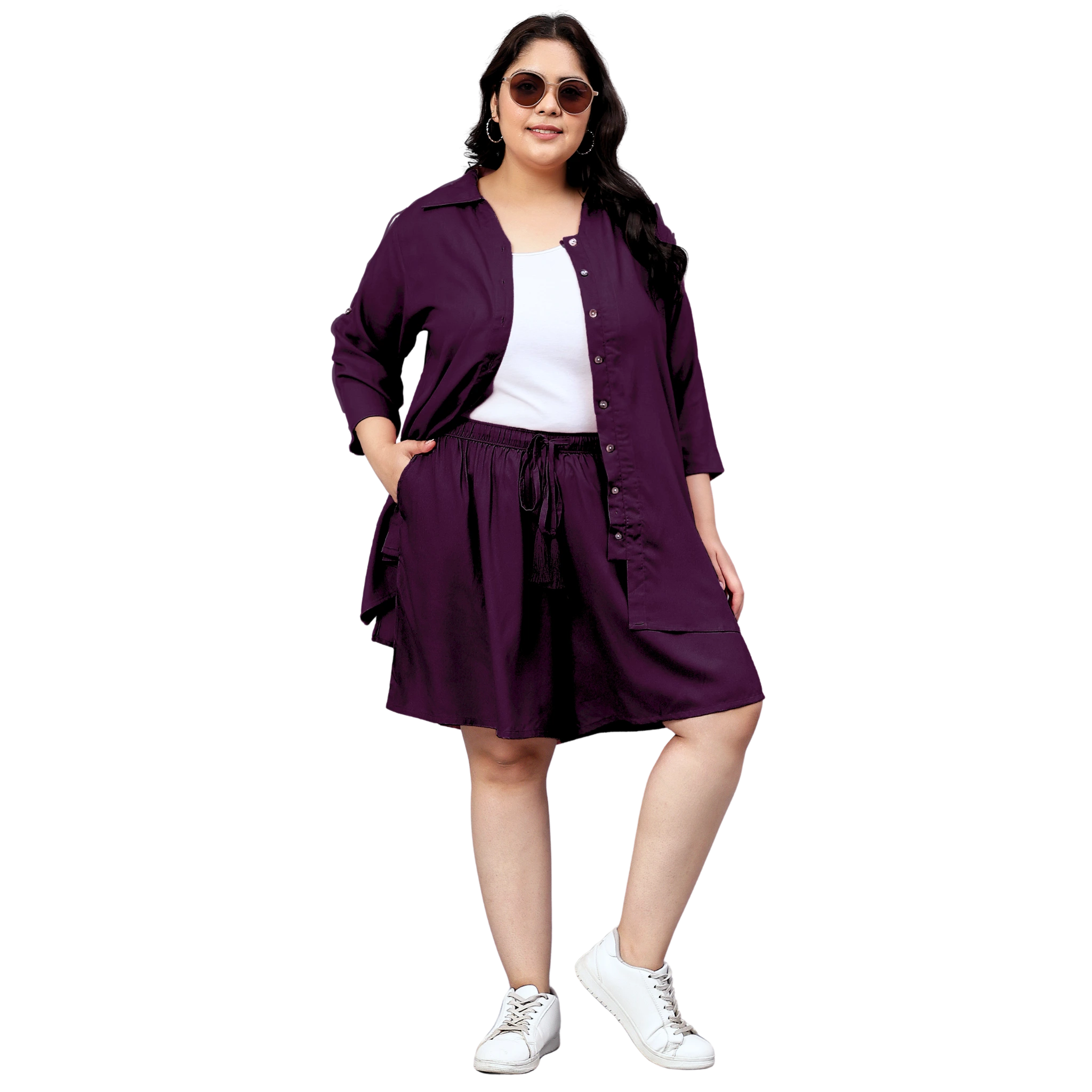 Purple Solid Plus Size Flared Shorts