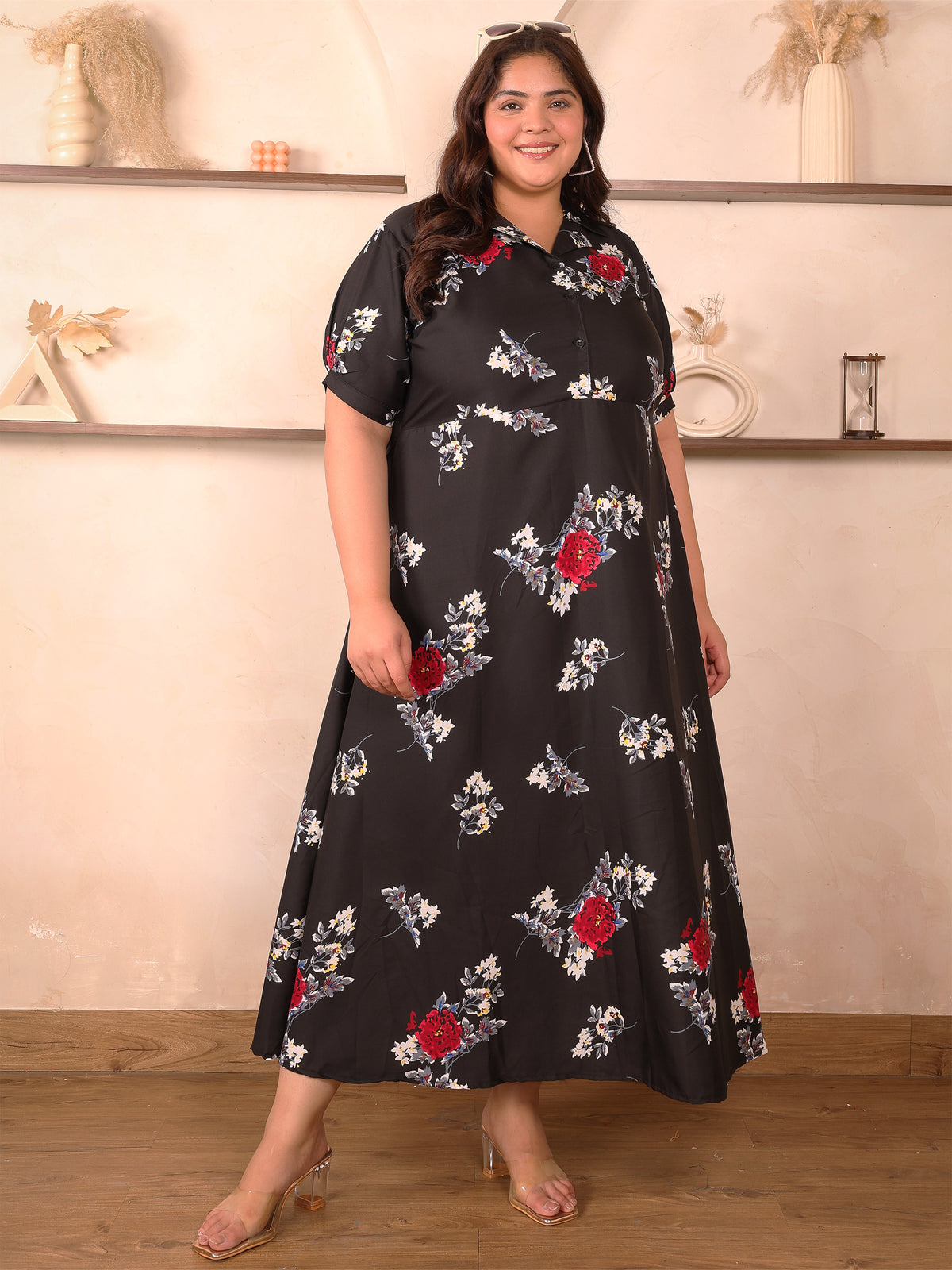 Black and Red Floral Print Plus Size Maxi Dress