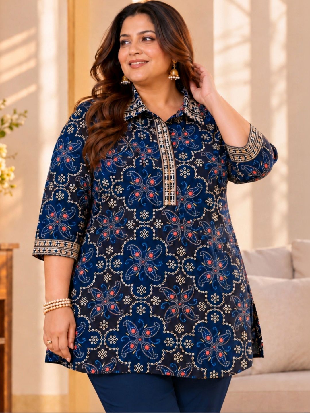 Blue Embroidered Festive Printed Tunic — view 1