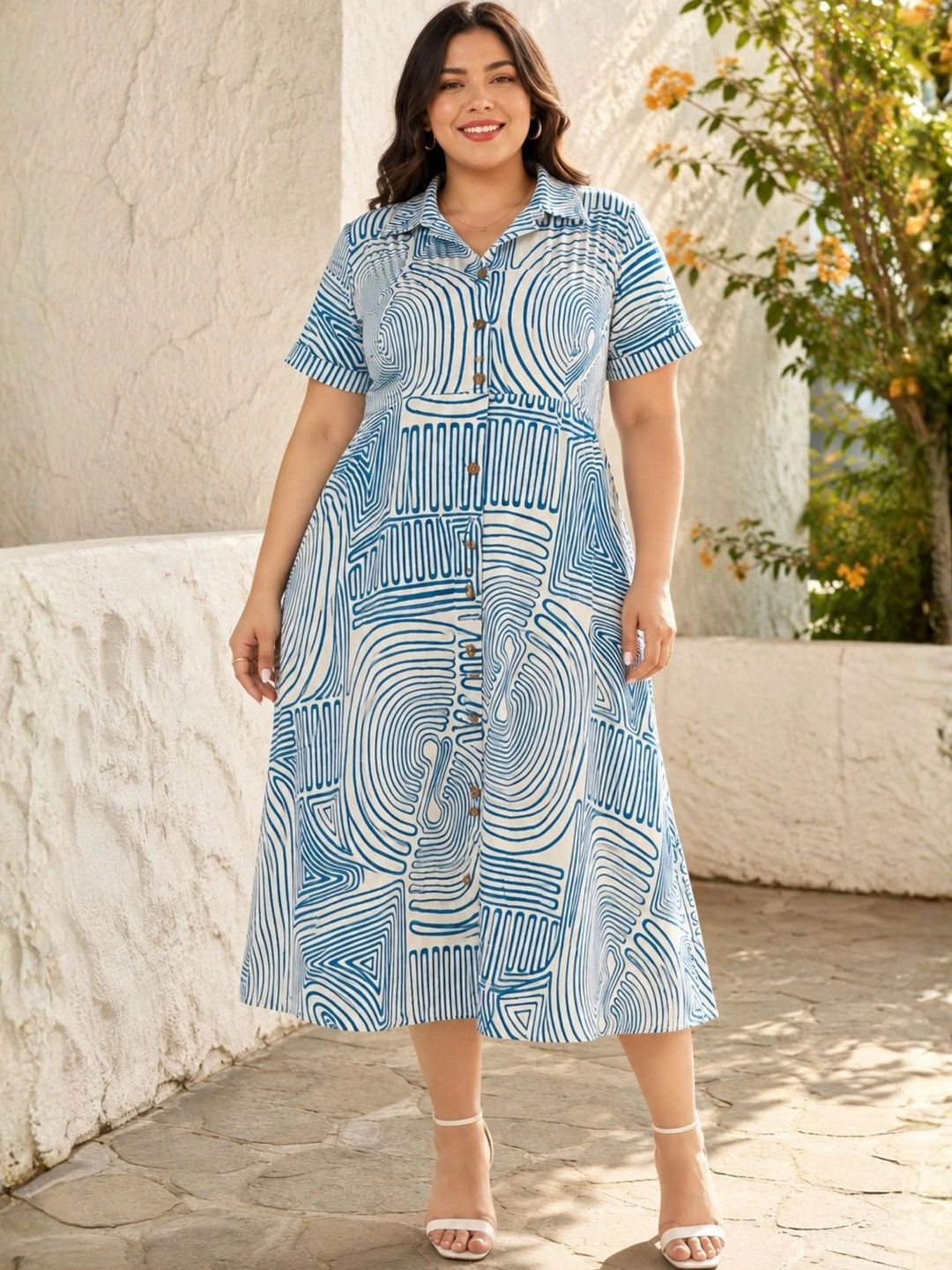 Blue Abstract Print Midi Dress — view 1