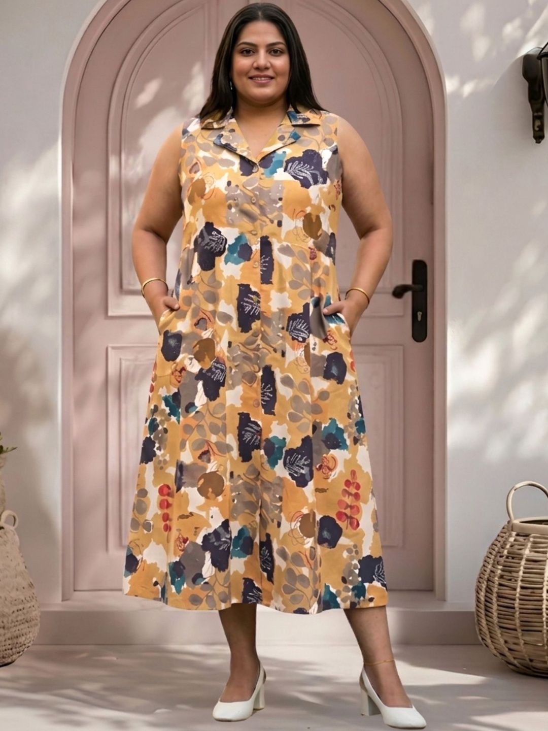 Mustard Abstract Print Midi Dress — view 1