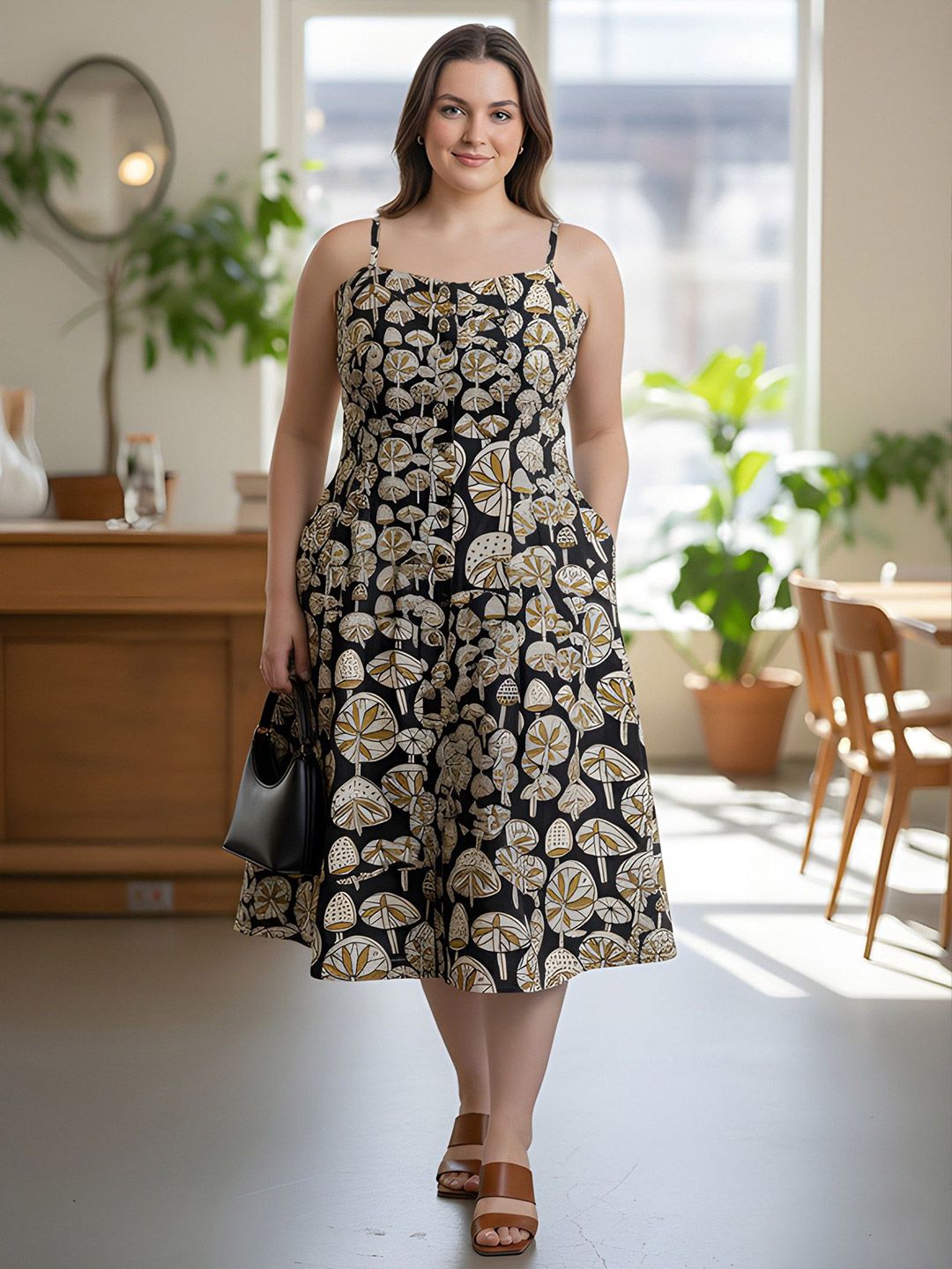 Black Mushroom Print Strap Plus Size Dress — view 6