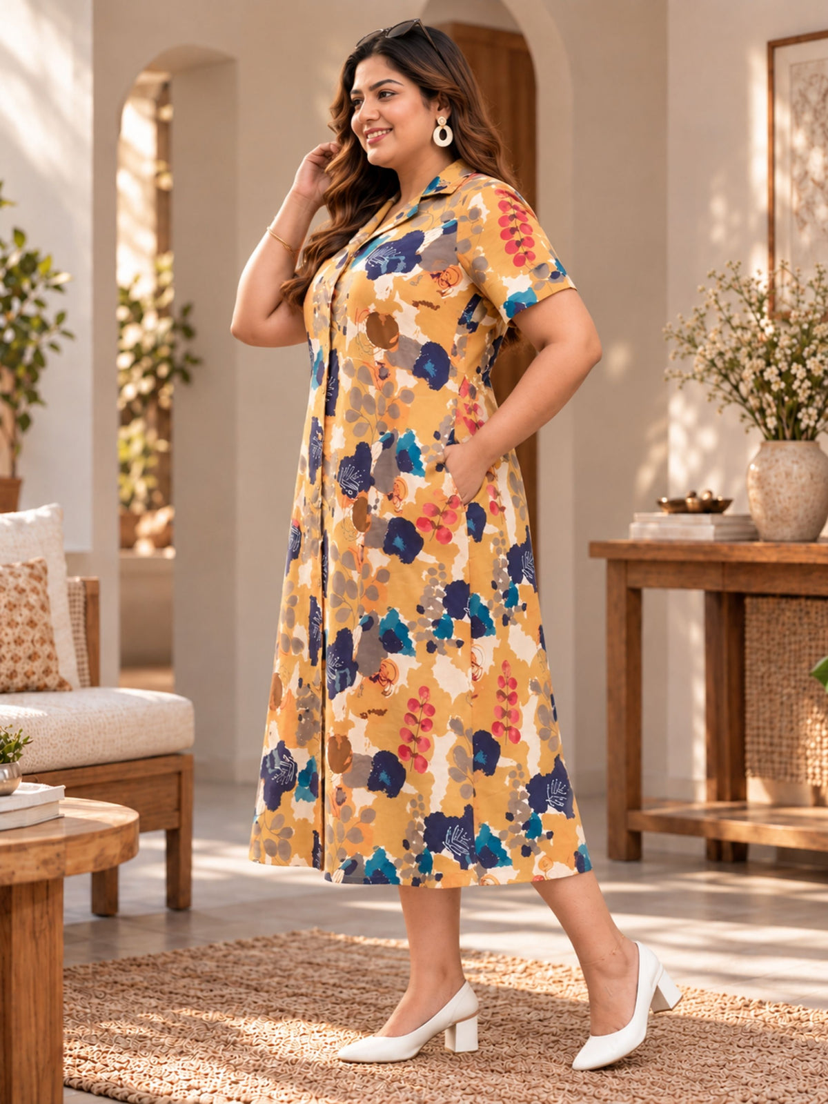 Mustard Motif Print Midi Sleeve Dress