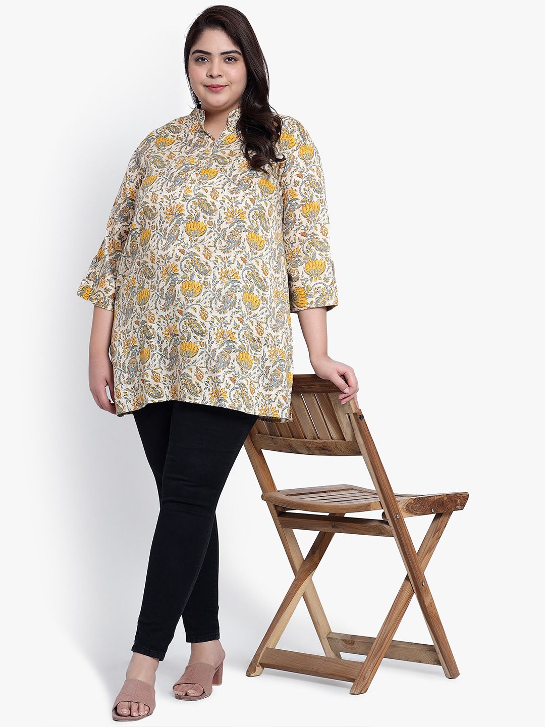 Yellow and Beige Floral Print Plus Size Tunic — view 6