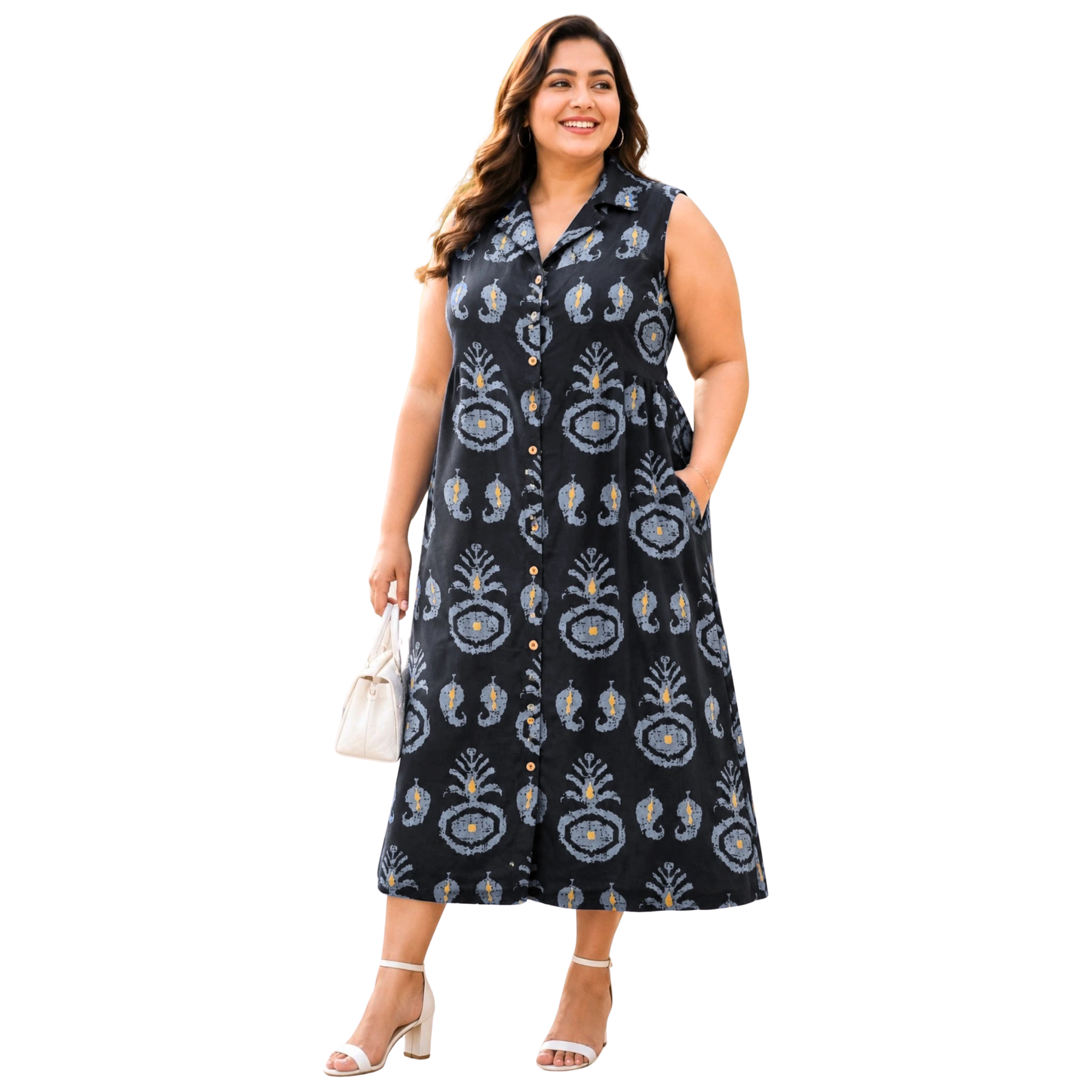 Black Motif Print Midi Dress